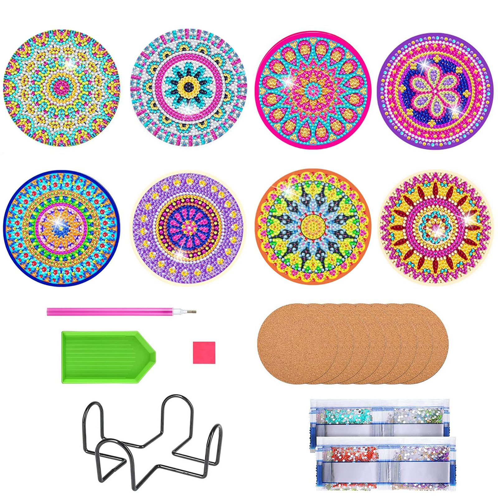 RUIKDLY Pack 8 Posavasos Absorbentes Mandala DIY Con Diamantes – Incluye Soporte, Pegamento Y Herramientas – Manualidad Creativa Para Regalar O Decorar El Hogar