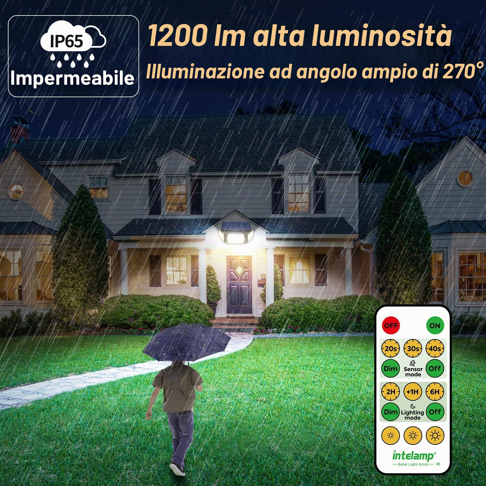 Intelamp Faretto solare per esterno, luce a LED, 6000 mAh, batteria solare, 1200 lm, potente con sensore di movimento, controllo remoto garage