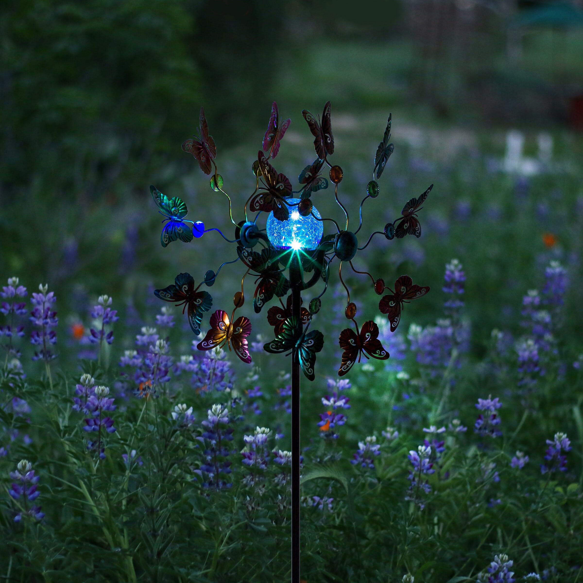 Alpine Corporation 61" H Outdoor Solar Butterfly Metal Wind Spinner Lawn Stake with Color-Changing LED Light