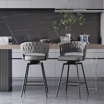 Swivel Bar Stools Set of 2, Modern 360 Swivel Bar Stools, 25 inch Modern Bar Chairs with Woven Back & Footrest, Counter Height Bar Stools for Kitchen Island, Cafe, Bar, Wet Counter