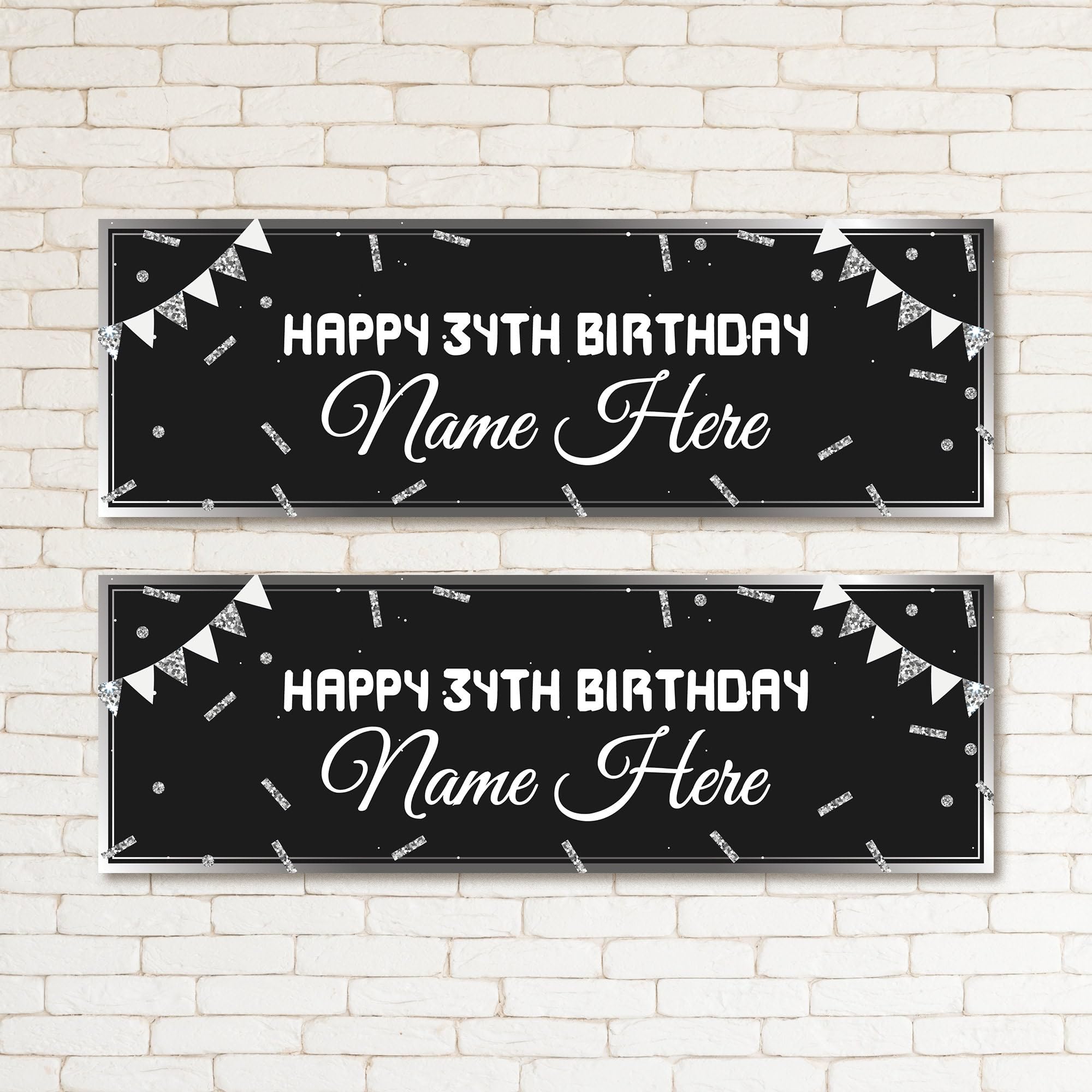 Set of two Personalised Black Glitz Birthday Banners Black and Silver Sparkle Confetti Design Party Supplies Celebration Kids Children Adults Party