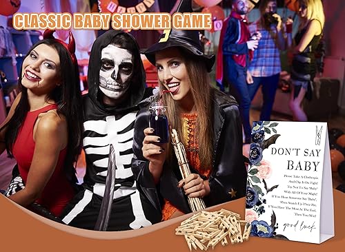 Miniatura 5 de Juego de pinzas para ropa de bebé, juego de baby shower de Halloween, un letrero de 5 x 7 pulgadas y 50 mini pinzas naturales para la ropa, género