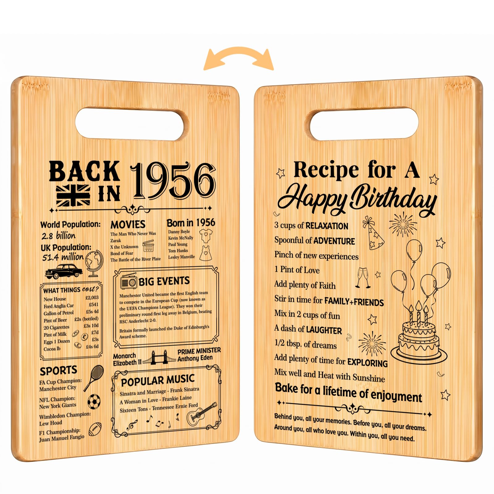 Giftota Back in 1956 Chopping Board – 70th Birthday Gift for Men & Women, Bamboo Cutting Board Double Sided with Card – Kitchen Birthday Present for Dad, Mum, Husband, Wife & Friend