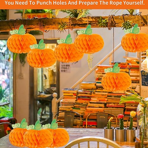 Miniatura 6 de Sucrain 12 calabazas de panal 3D de calabaza de papel de seda para Halloween, fiesta de Acción de Gracias, suministros de festival de otoño (naranja)