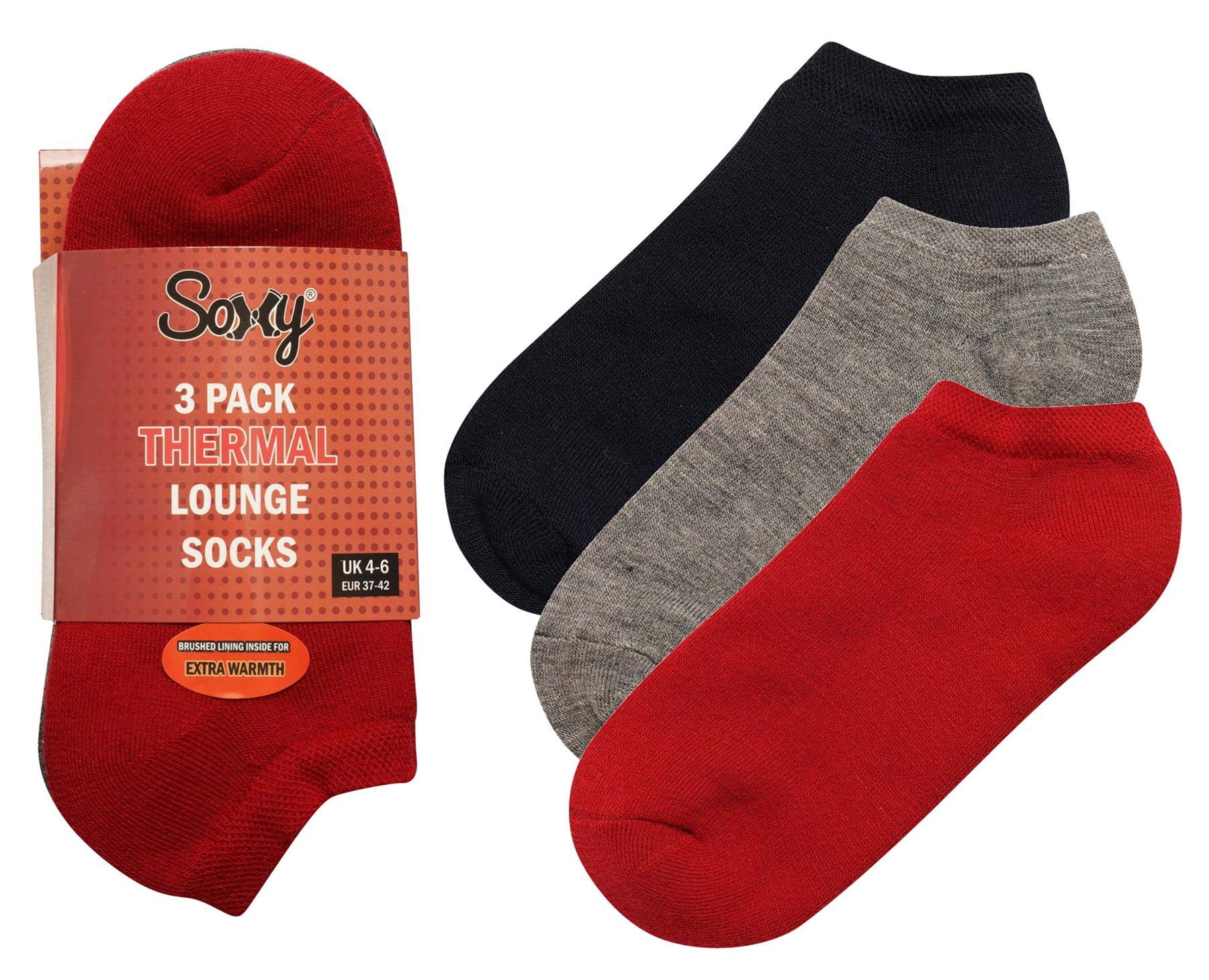 Soxy Assorted Sx174-A - Acrylic Brushed Thermal Trainer Socks - Navy/Charcoal/Red - 4-6