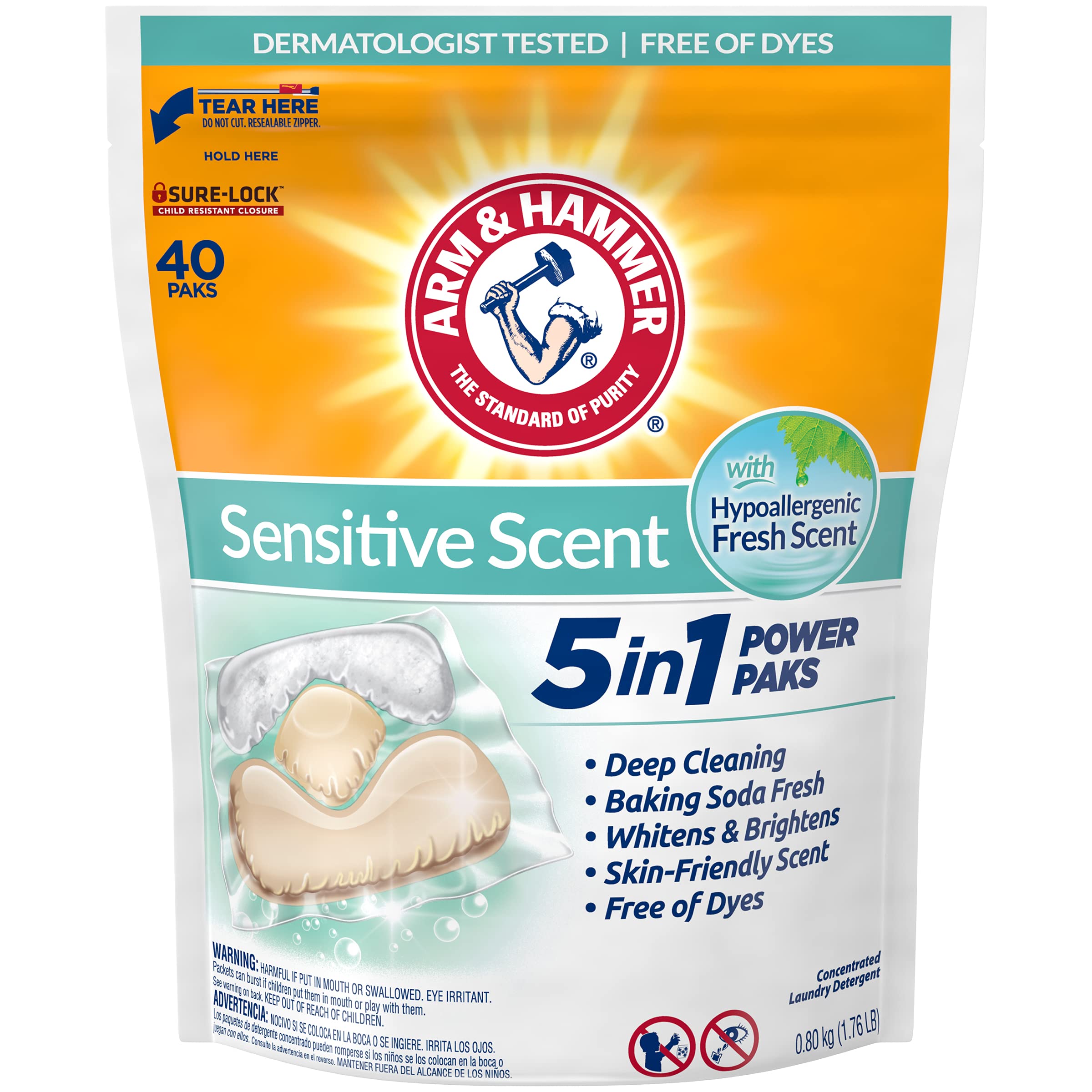 Arm & Hammer Sensitive Scent 5-in-1 Laundry Detergent Power Paks, 40 count