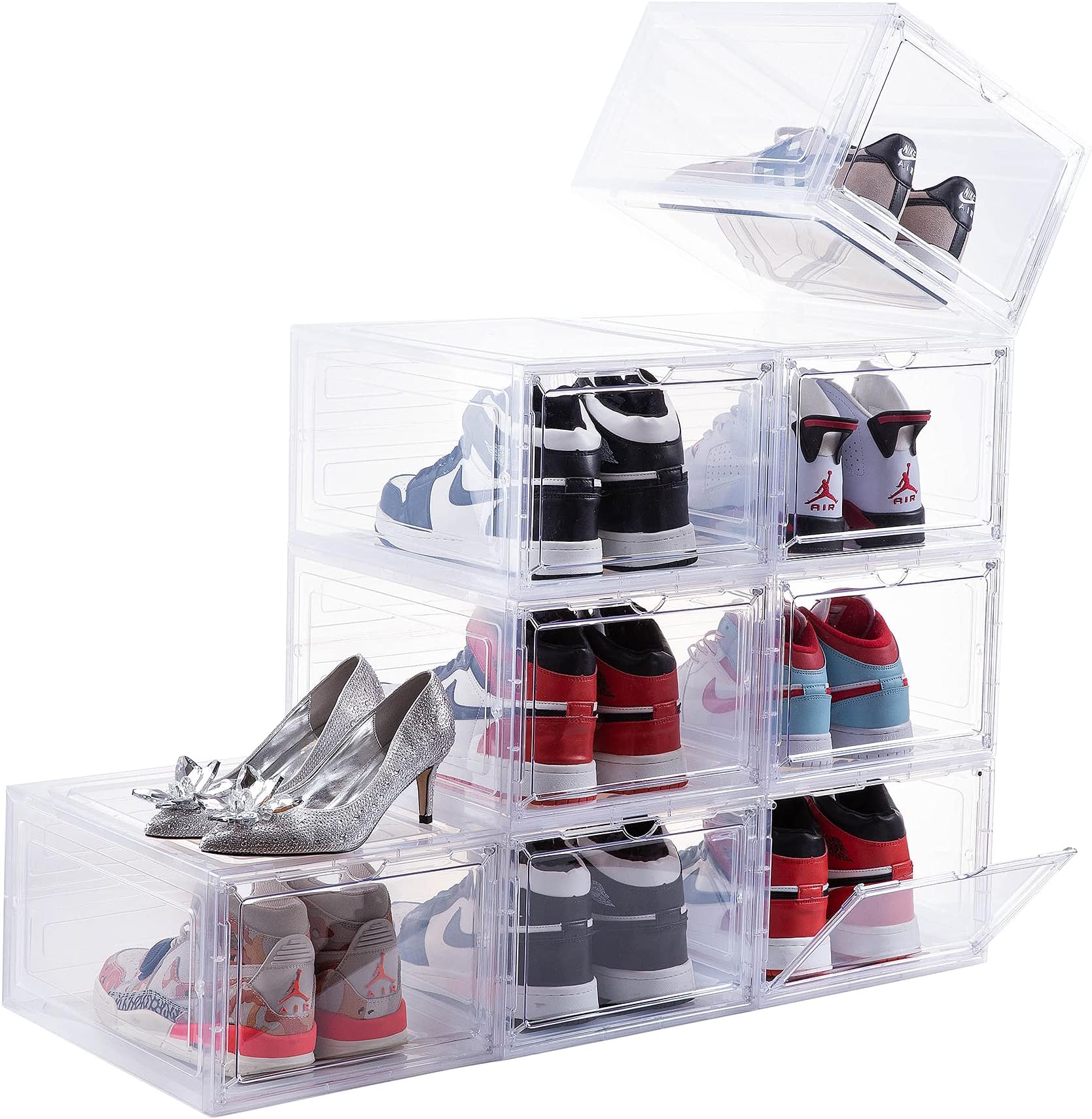 Attelite Clear Shoe Box,Set of 8,Stackable Plastic Shoe Box with Clear Door, As Shoe Storage Box and Drop Front Shoe Box,For Display Sneakers,Easy Assembly,Fit up to US Size 12(13.4”x 10.6”x 7.4”)