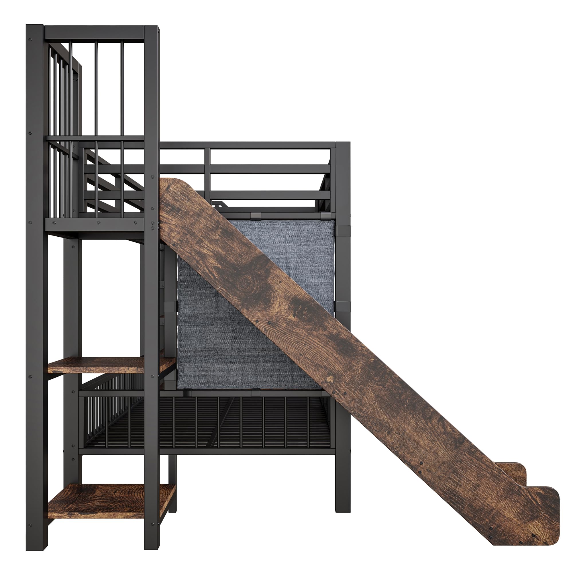 Merax Metall-Etagenbett 90×200 cm, mit Rutsche, Stauraumtreppe, Schutzgitter, integrierten Regalen, platzsparendes Kinderbett, Etagenbett für Jungen & Mädchen, Schwarz (ohne Matratze)
