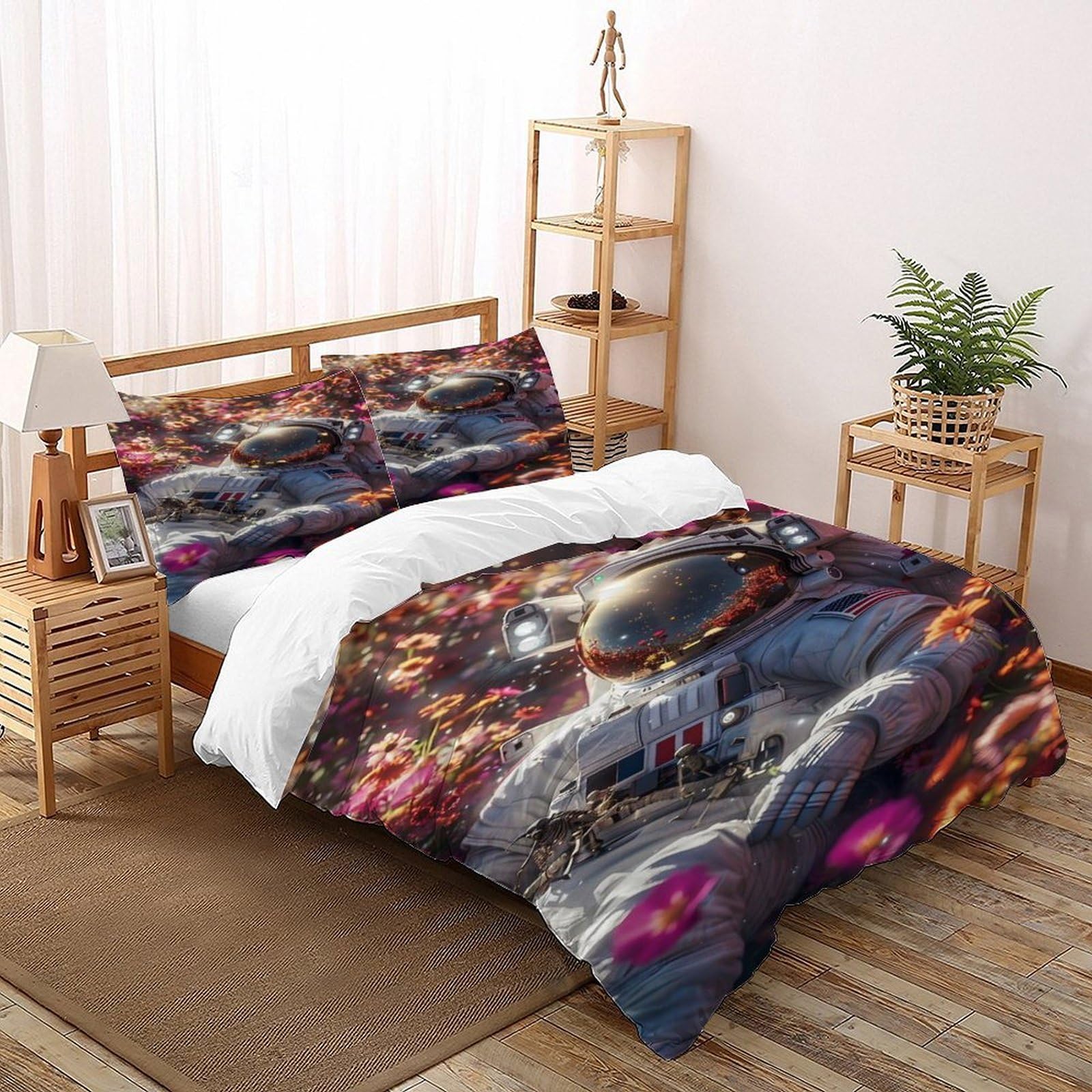 Parure de lit astronaute et fleurs en microfibre douce anti-plis pour chambre double