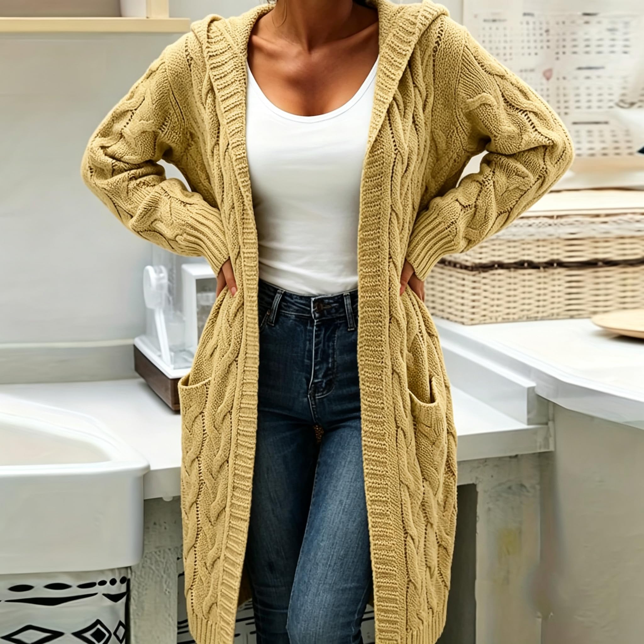Gilet Long À Capuche pour Femme avec Poches en Grosse Maille Manches Longues Élégant Idéal pour L'Automne et l'hiver Veste Décontractée pour Tous Les Jours Jaune Taille 5XL