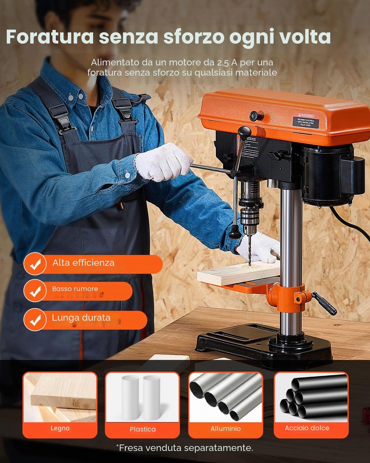 VEVOR Trapano a Colonna da Banco 203,2 mm, Motore a Induzione, 500 W, Velocità Regolabile 550/950/1450/1950/2500 giri/min, Tavolo da Lavoro Inclinabile 0-45°, Luce LED Trapano per Legno Metallo