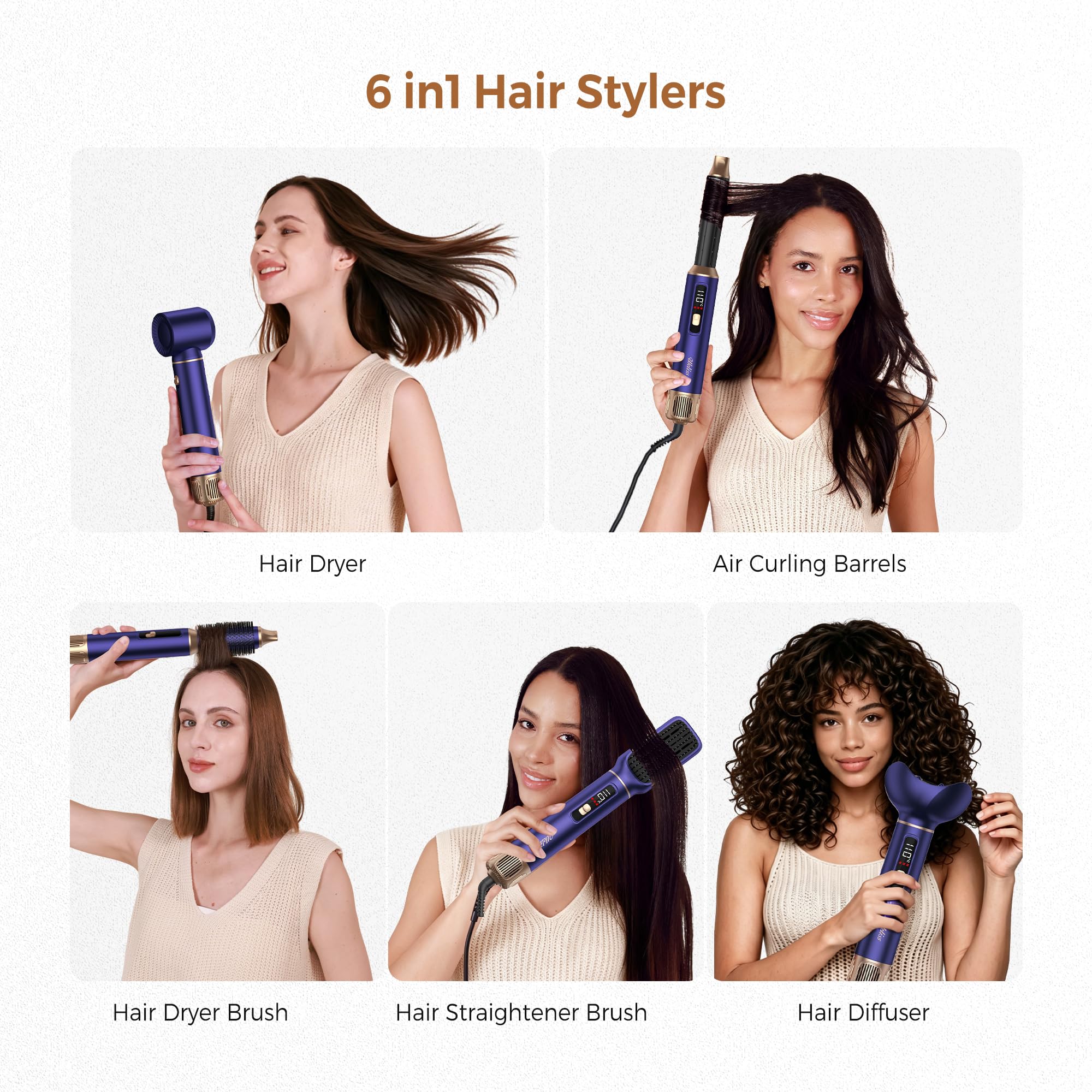UKLISS 6 in 1 Airstyler,Professioneller Hairstyler mit Diffusor, Ionen Föhn mit Air Lockenstab,Föhnbürste,Volumenbürste,Glätteisen,zum Trocknen, Locken, Glätten der Haare,Multifunktionaler Hair Dryer