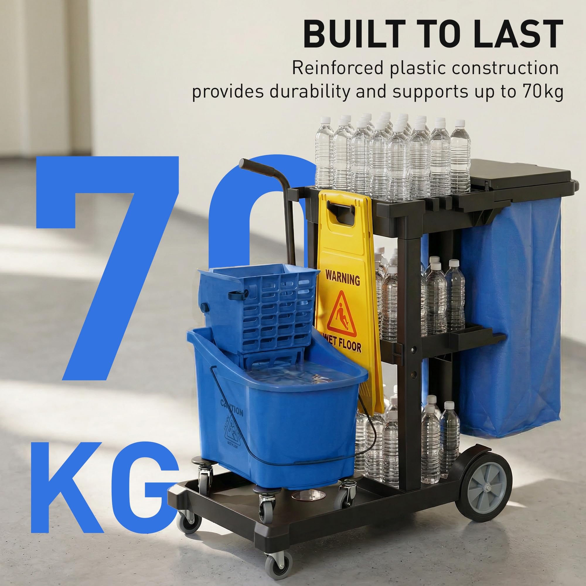 HOMCOM Putzwagen Reinigungswagen 3 Ebenen 70 L Müllsack mit Abdeckung Rollen Moppeimer mit Presse Werkzeughaltern Warnschild 122x46,5x101 cm