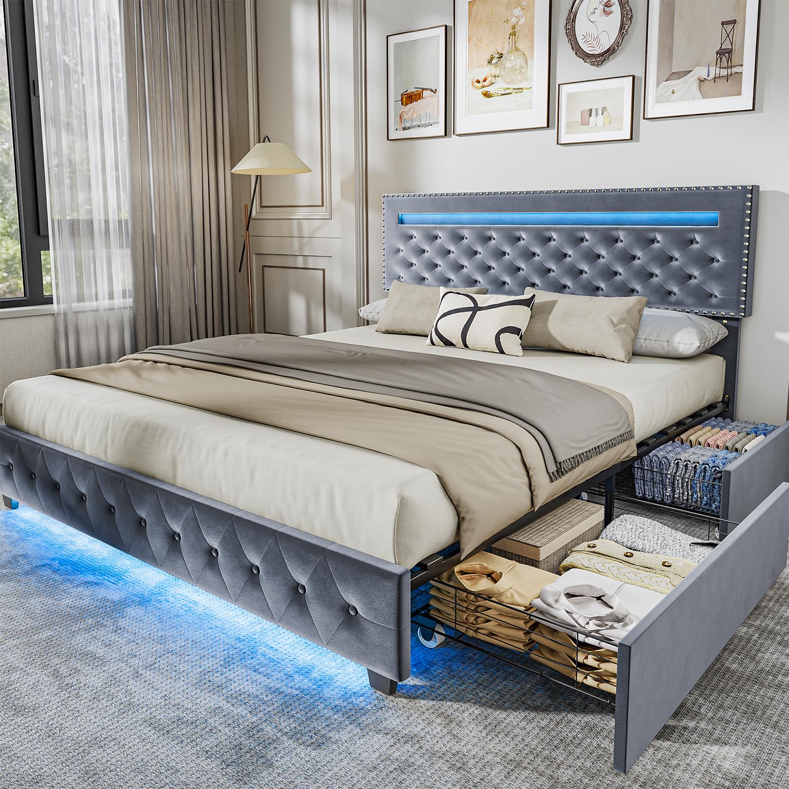 BedsPick King Size Bed Frame with LED Lights, Velvet Upholstered Platform King Bed Frame with 4 Storage Drawers and Adjustable Headboard, No Box Spring Needed Bedframe, Noise Free, Light Grey