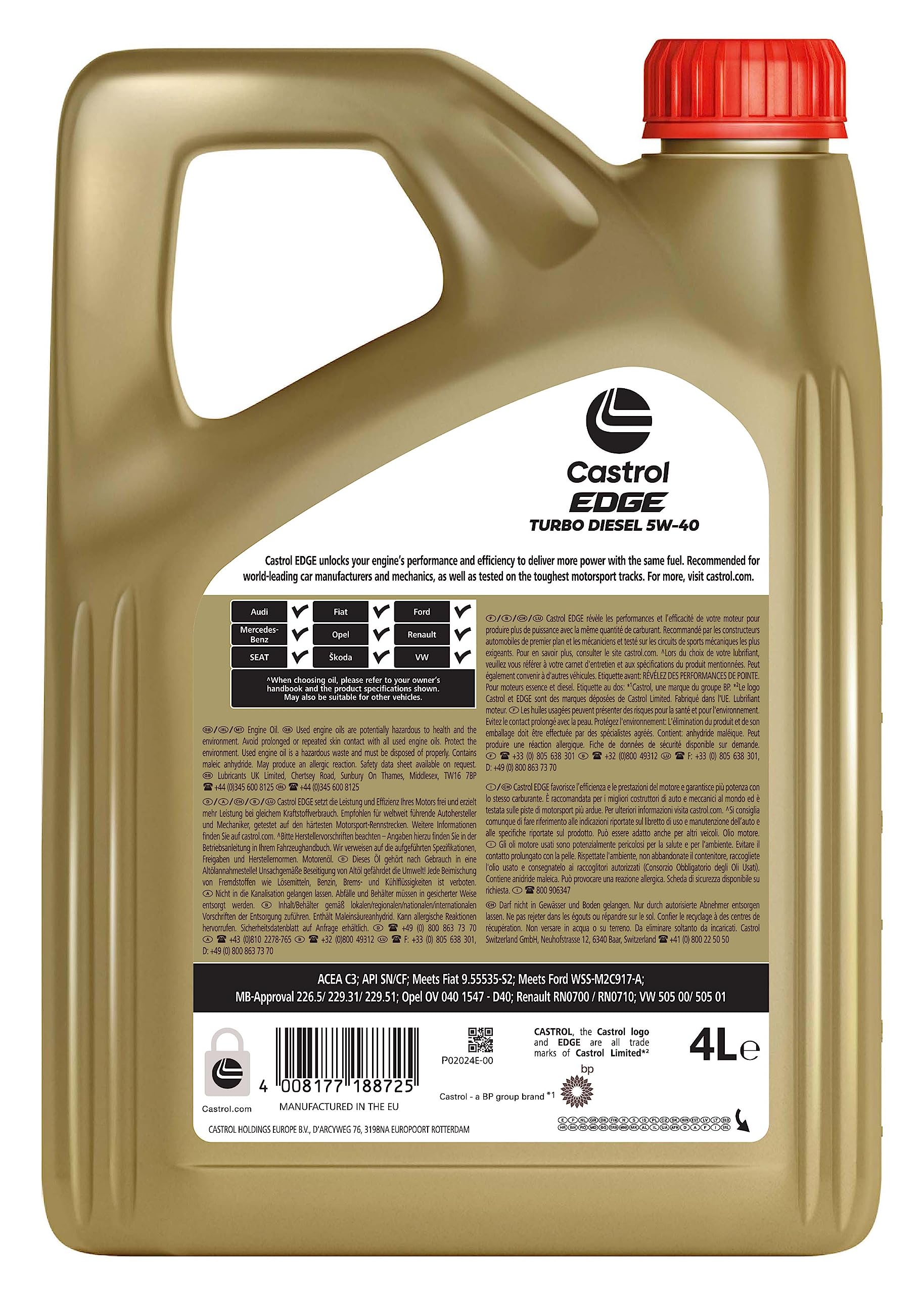 Castrol EDGE Turbo Diesel 5W-40, Aceite de Motor Avanzado Sintético, Cumple con las Especificaciones ACEA C3 y API SN/CF, 4L