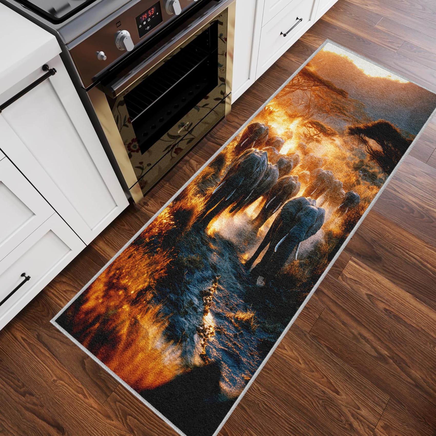 Generisch Elefanten Teppich Läufer Flur Lang, Tierwelt Teppichläufer Flur rutschfest Küchenläufer 80 x 150 cm Waschbarer Flurläufer für Küche, Eingang, Wohnzimmer Schlafzimmer UG&I13