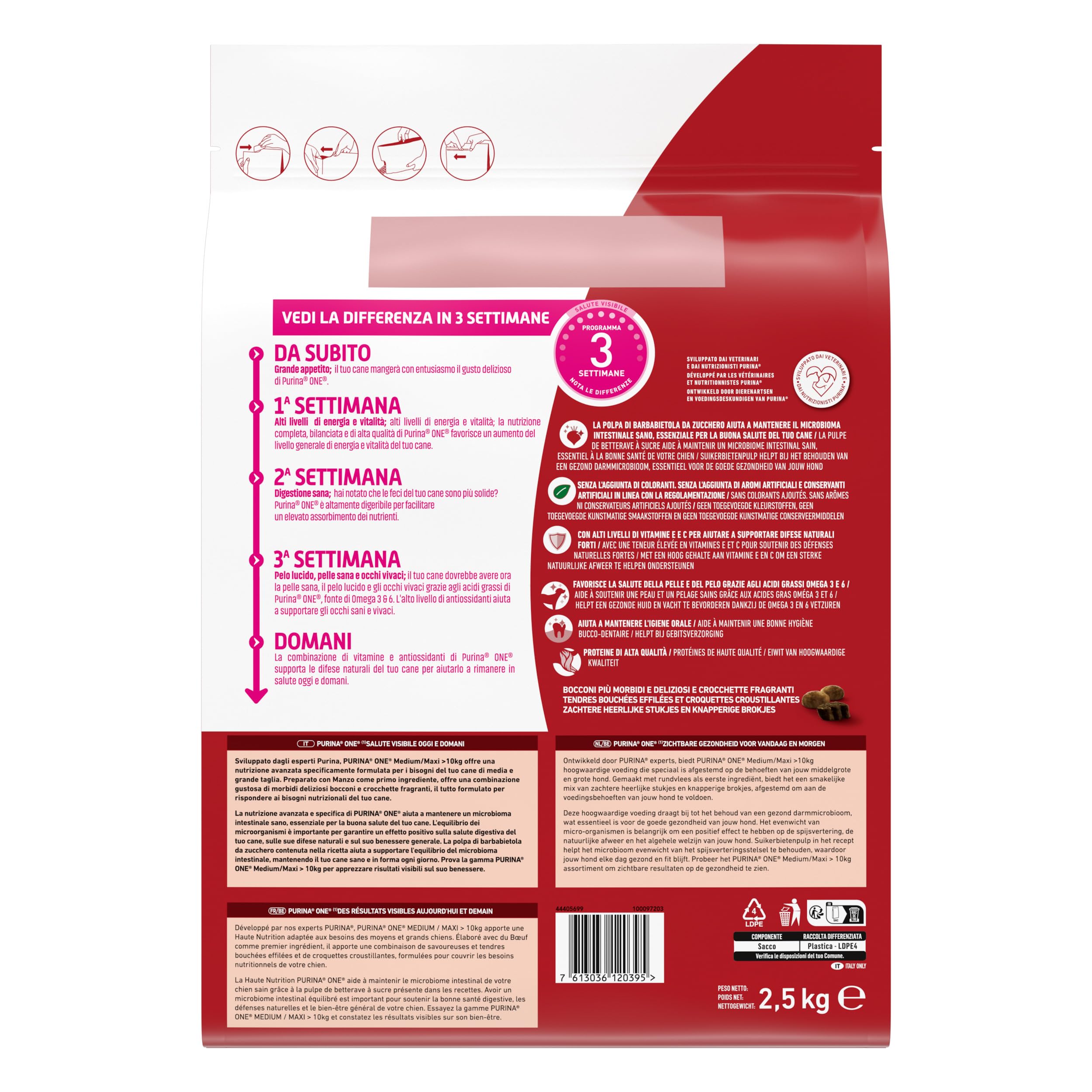 PURINA ONE Medium Maxi Crocchette per Cani Adulti con Manzo e Riso 4 Sacchi da 2.5kg