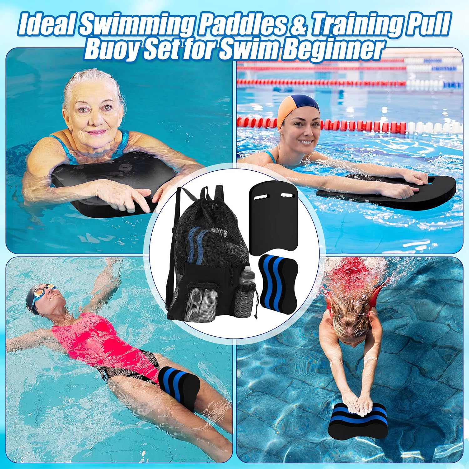 3 Pcs Swimming Kickboard Pull Buoy Set with Big Mesh Backpack Training Aid Float Pull Buoy Leg Float Swimming Training Equipment Accessories for Adults Beginners Exercise Fitness