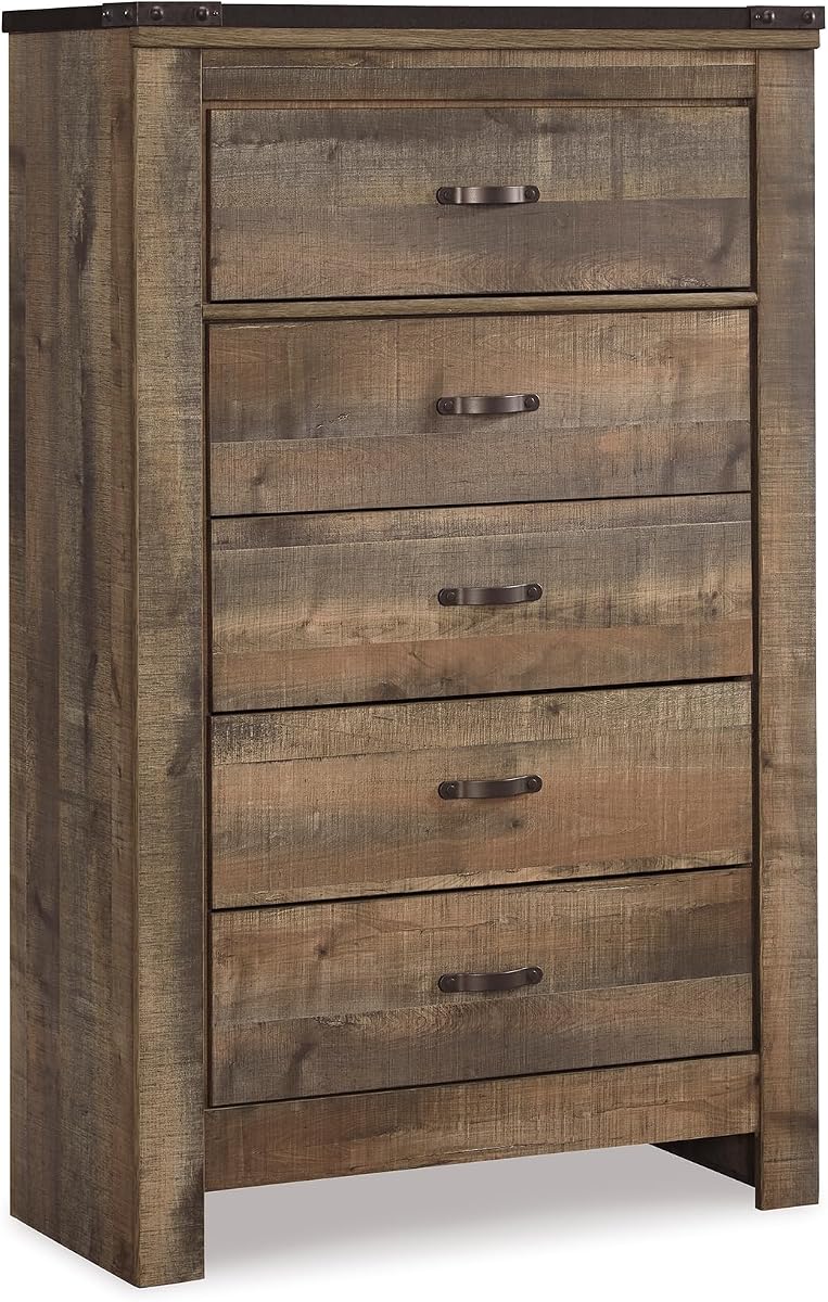 Signature Design by Ashley 5 Drawer Chest of Drawers | Fully assembled chest of drawers, 5 smooth-glide drawers, ASTM-compliant anti-tip kit, Replicated oak grain, Trinell Series