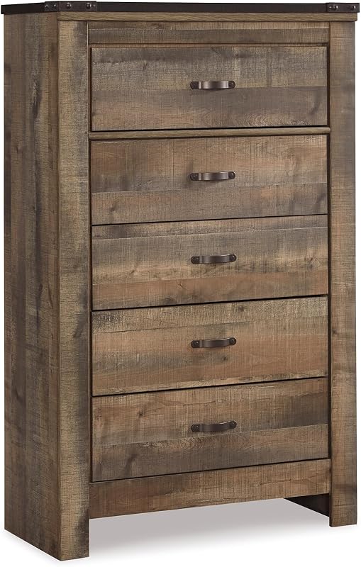 Signature Design by Ashley 5 Drawer Chest of Drawers | Fully assembled chest of drawers, 5 smooth-glide drawers, ASTM-compliant anti-tip kit, Replicated oak grain, Trinell Series
