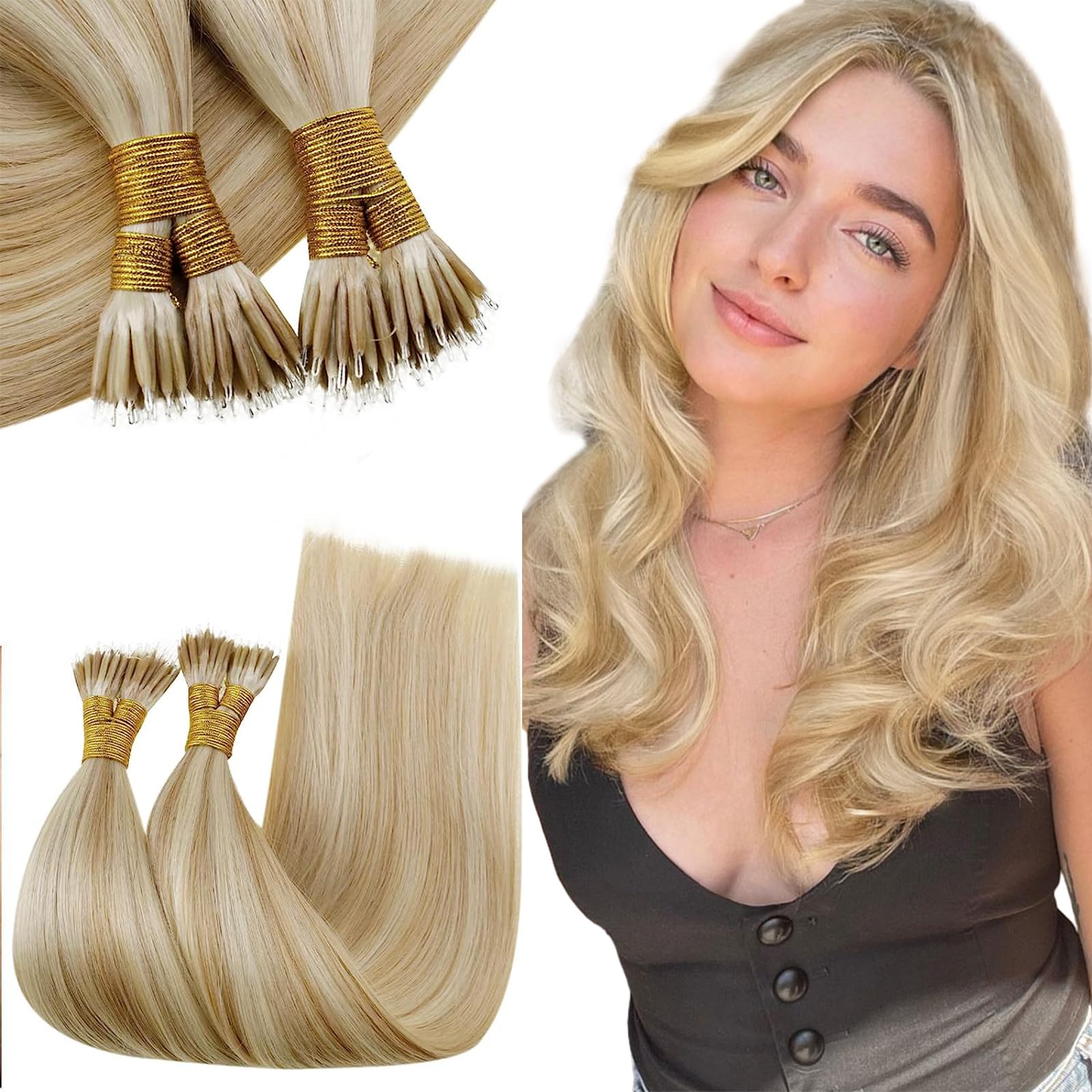 RUNATURE Nano Beads Hair Extensions Human Hair Highlight Medium Blonde Nano Hair Extensions Human Hair Blonde Invisible Nano Ring Straight Remy Real Hair 50g 50s 14 Inch #18/613