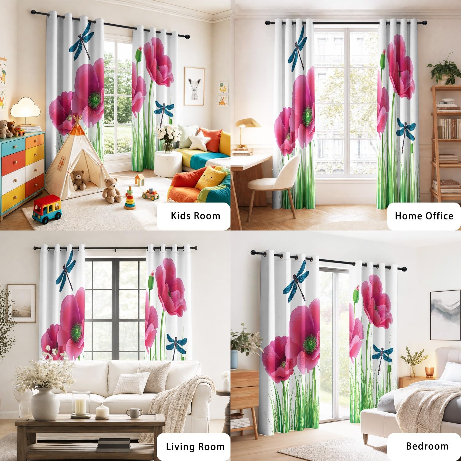 Generisch Zasłony nieprzejrzyste, zestaw 2 sztuk, 135 x 190 cm, niegniotące się – różowy mak, niebieska ważka, zielona trawa, zwierzęta – zasłony w hiperrealistycznym, świeżym, naturalnym stylu do
