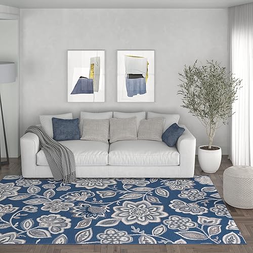 Tayse Alfombra moderna azul marino grande de 8 x 10 pies de 8 x 10 pies, para sala de estar, comedor, dormitorio, cocina, entrada, contemporánea,