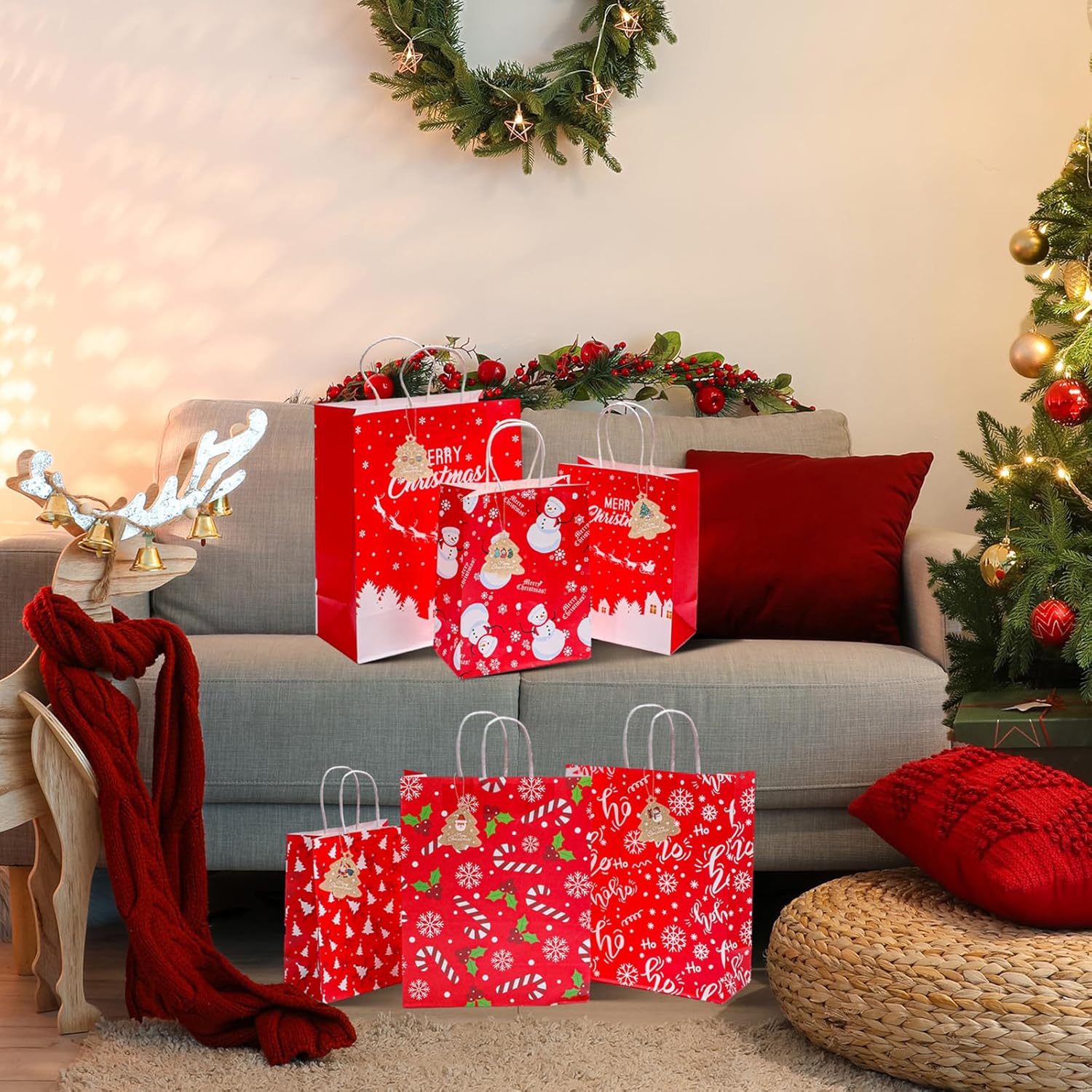 TaoBary 24 Pcs Christmas Gift Paper Bags Bulk with Handles and 48 Gift Tags Assorted Sizes Xmas Favors Bags Reliable Xmas Goodie Paper Pouches 8 Styles 3 Sizes for Holiday Party Favors Wrapping
