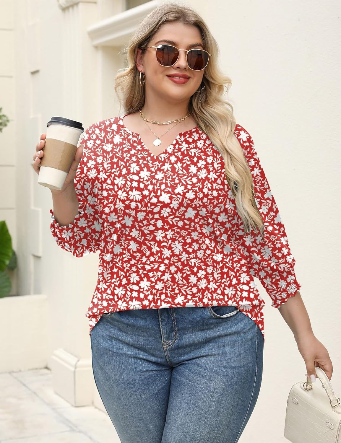 Rapbin Womens Plus Size Tops 3/4 Sleeve Blouses Shirts Casual V Neck Loose Tunic Tops 1X-5X - Image 3