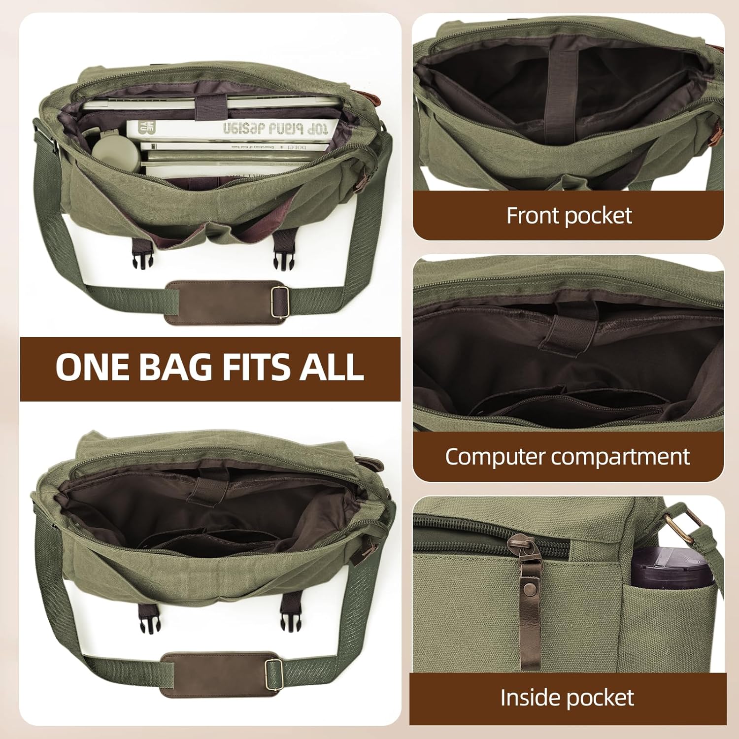 Messenger Bag for men Laptop Bag UnisexRetro Canvas Bag14-15.6 inches Casual single shoulder bag For Work College Travel - Image 4