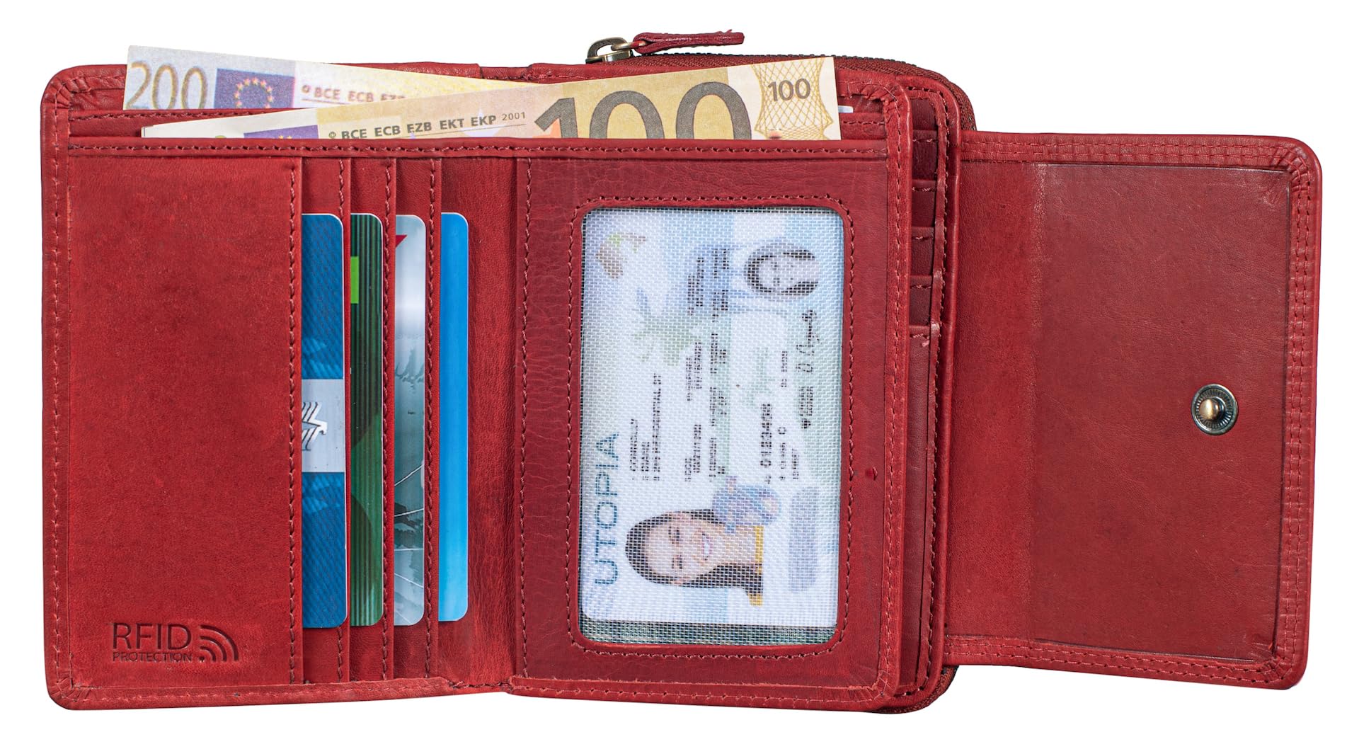 Benthill Damen Geldbörse Groß Echt Leder - Portemonnaie mit RFID Schutz - Portmonee mit vielen Kartenächer - Damenbörse inkl. Geschenkbox, Farbe:Rot