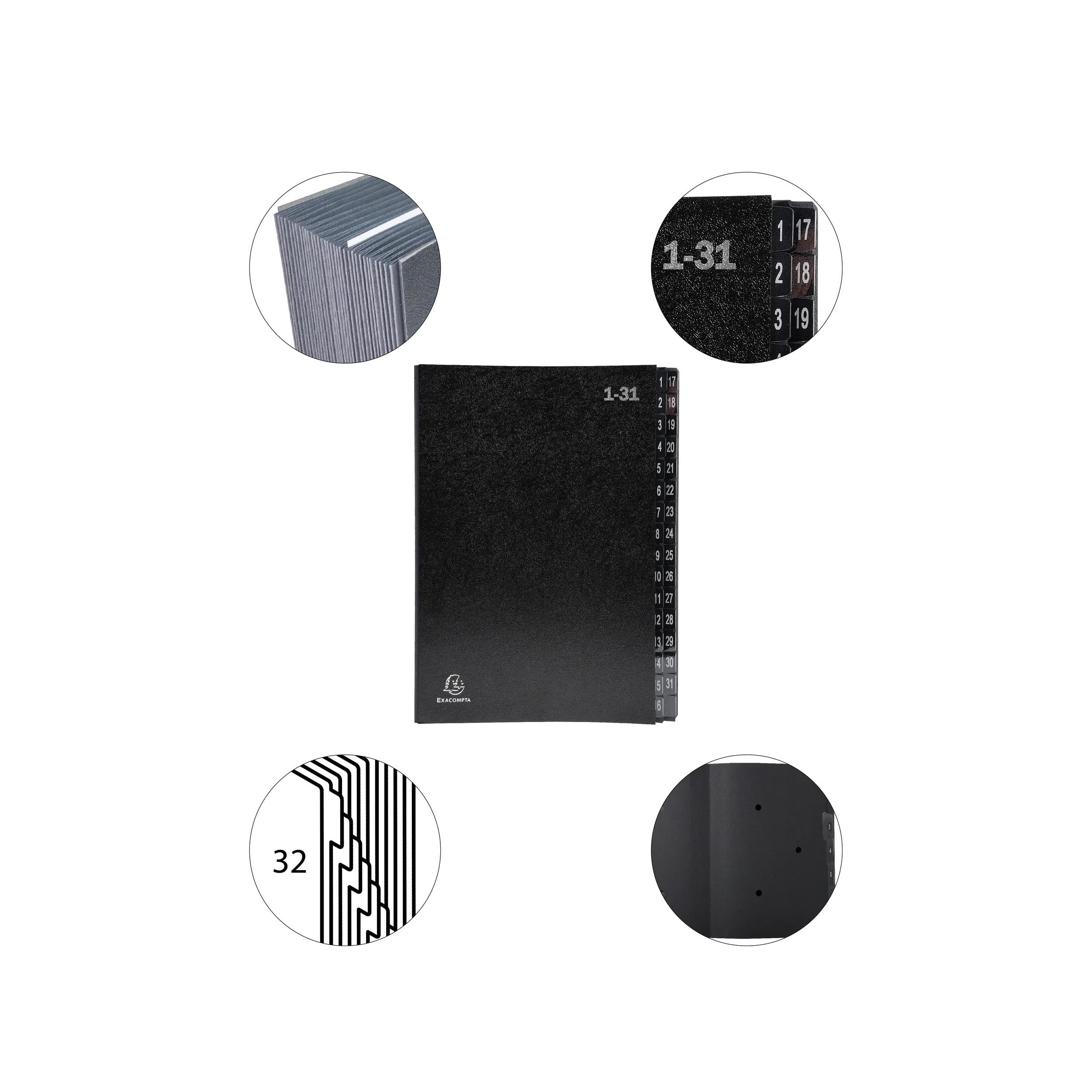 Exacompta Trieur Ordonator Rigide 32 Compartiments Numérotés 1-31, Dos Extensible, Couverture Carton Noir - Format A4 Parfait Pour Classer Et Transporter Vos Documents