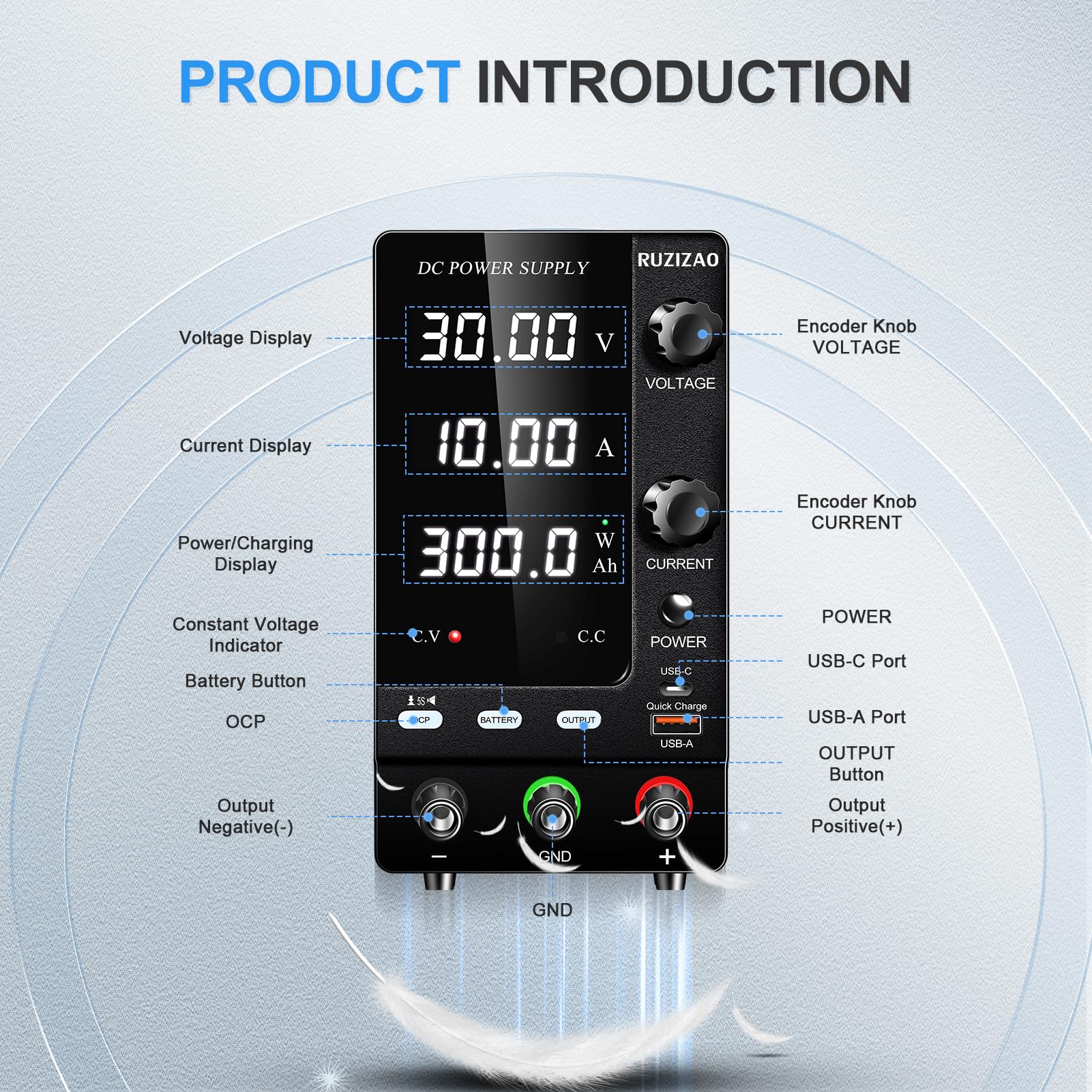 Fuente de Alimentación 30V 10A, 300W Regulada por Codificador 1V-24V Carga de Baterías Fuente de Alimentación con Interruptor de Salida/Detección Cargas/Botón OCP 18W Puerto USB de Carga