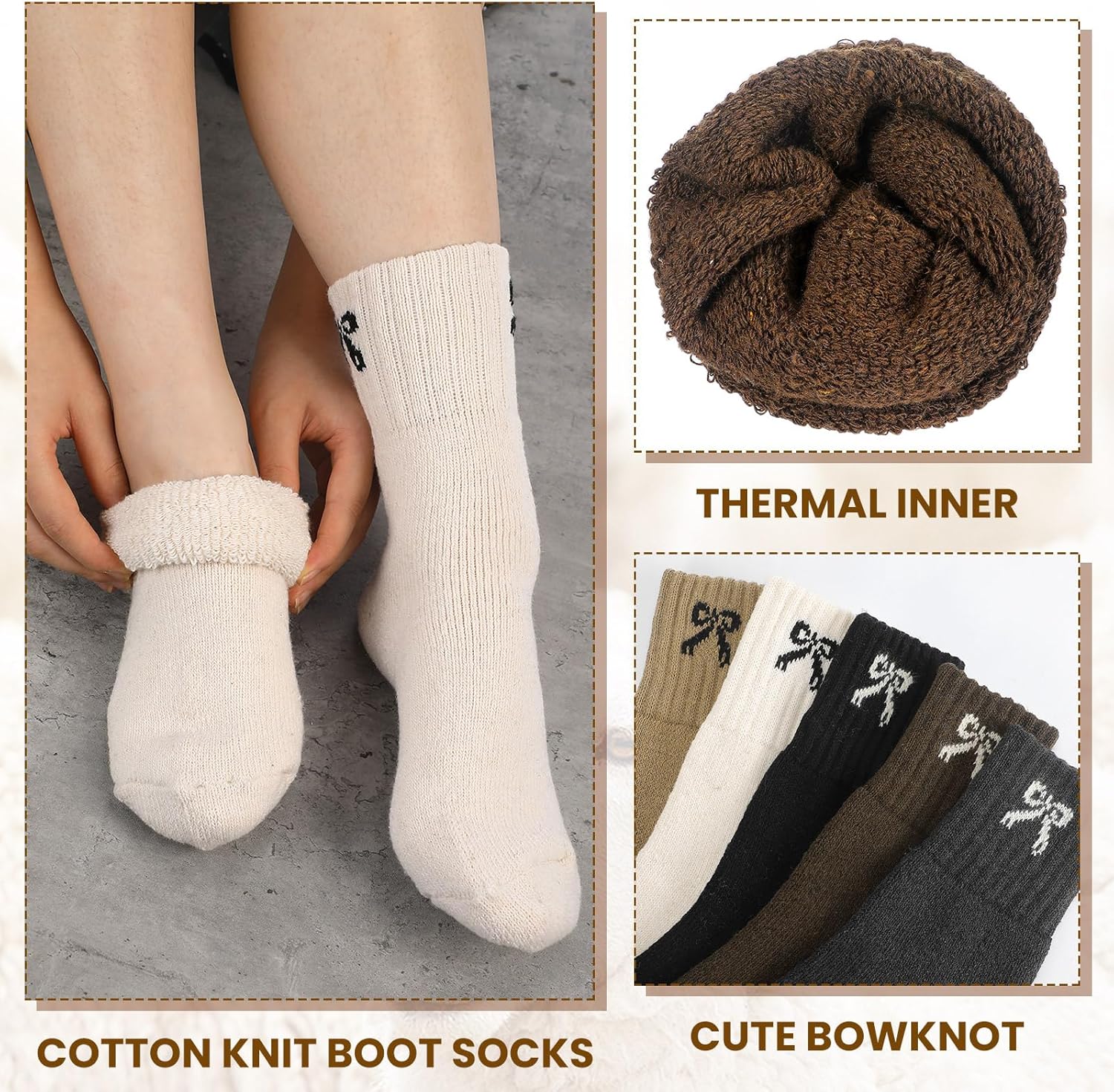 Foaincore 5 Pair Bow Socks Women Warm Winter Thick Boot Socks with Bow Solid Cute Knit Cotton Sock for Girls Cozy Stockings Crew Gift - Image 3