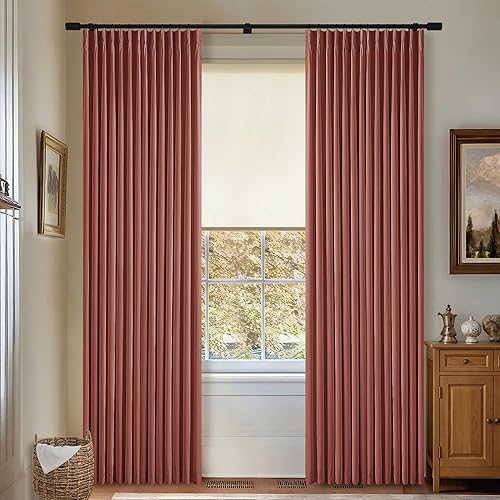 Miniatura 66 de Cortinas de lino 100% opacas de 90 pulgadas con pliegues de 2 paneles para sala de estar, con pestaña trasera plisada, cortinas oscuras con forma de