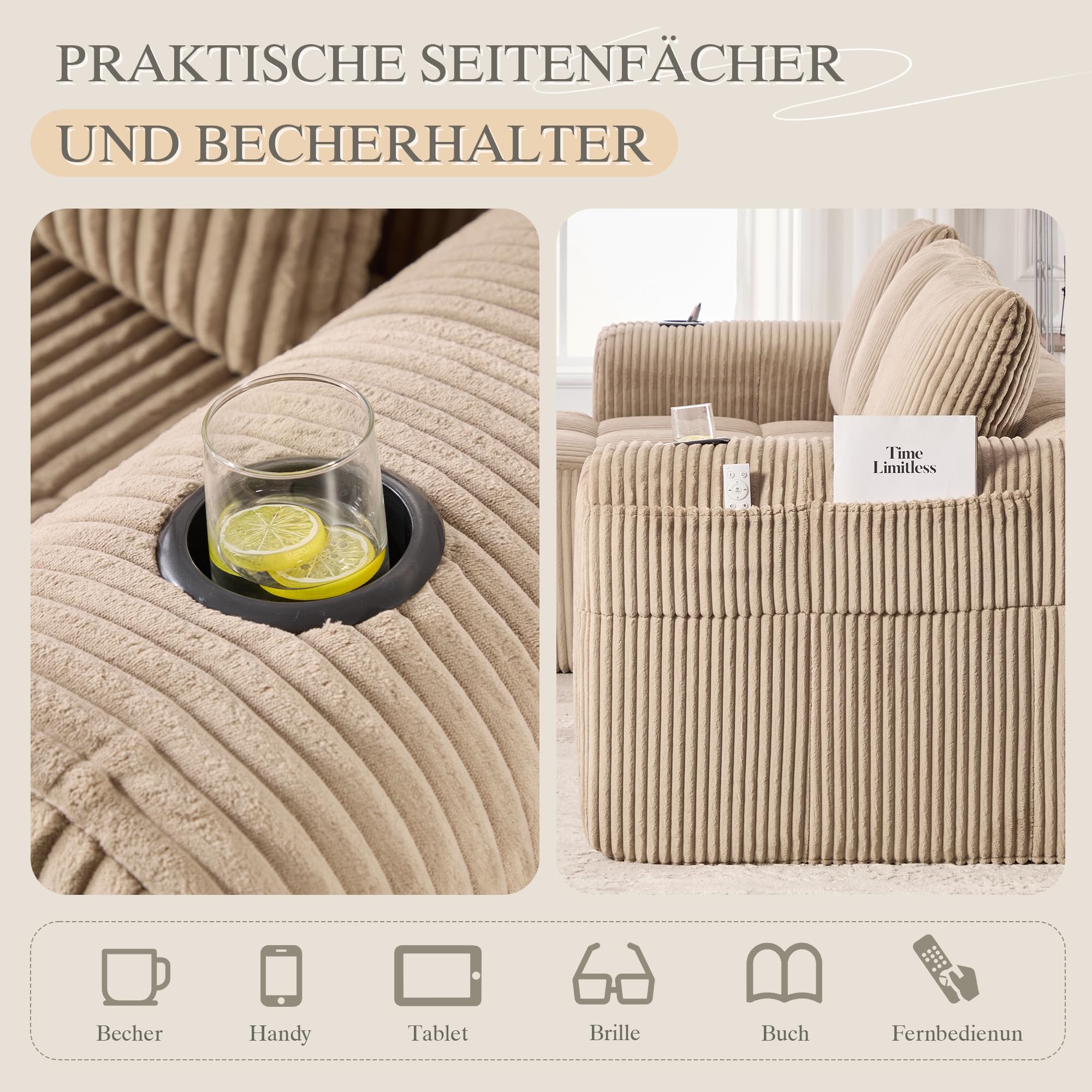 Soweiz Sofá compacto de pana – Sofá modular suave con bolsillo lateral y soporte para bebidas, comodidad para sentarse durante mucho tiempo, incluye 3 almohadas. Para salón, estudio y más (caqui)