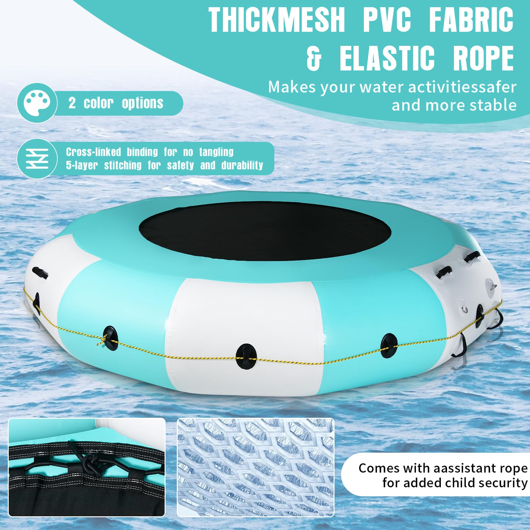 Trampoline aquatique gonflable, portable de 3 m, pour lac, piscine, mer, natation, pêche, hamac d'eau avec pompe et échelle en corde
