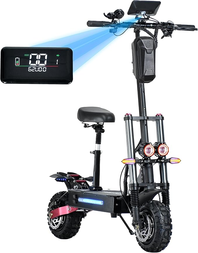 MORADVEN Electric Scooter Adult, 11-inch 6000W High Power Dual Drive Sport Scooter with Seat, 60V38AH Range 70 MilesMAX Speed 55MPH,Off-Road Tires Electric Scooter