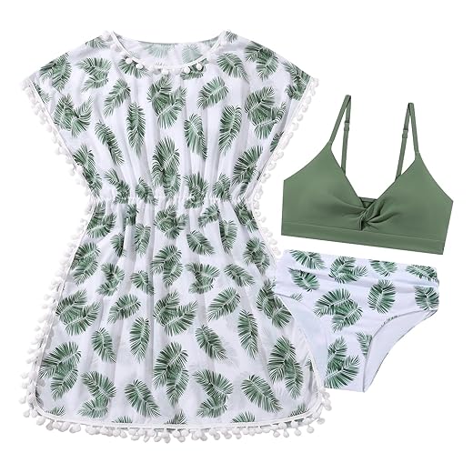 Conjunto de biquíni de 3 peças para meninas com estampa tropical para meninas de 8 a 16 anos
