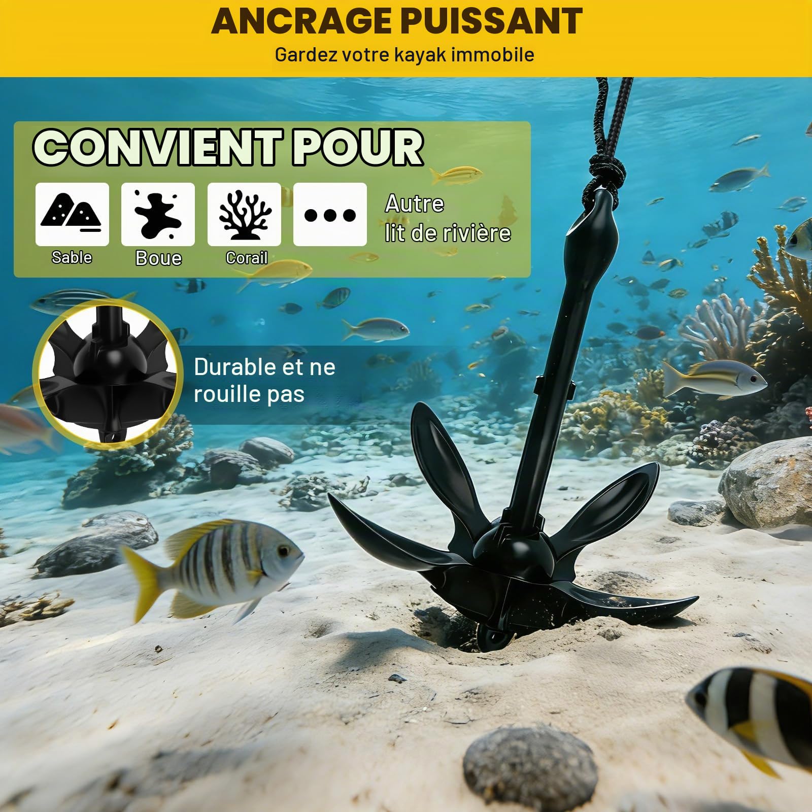 Ancre de Bateau Kit 1,59 Kg, Ancre Pliante avec Ligne d'ancrage de 10 m, Une bouée à Boule et Un Sac de Rangement, pour Kayaks, Bateaux Pneumatiques, Bateaux