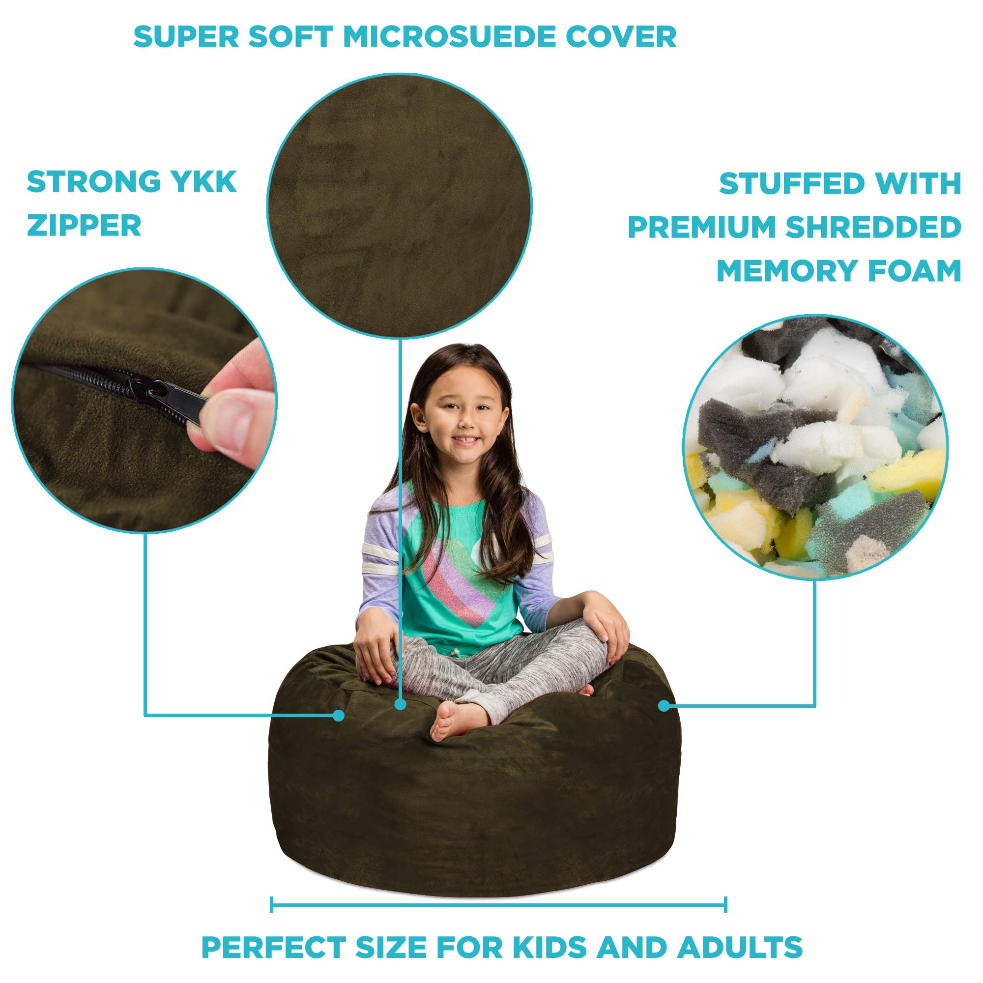 Sofa Sack - Plush, Ultra Soft Kids Bean Bag Chair - Memory Foam Bean Bag Chair with Microsuede Cover - Stuffed Foam Filled Furniture and Accessories for Kids Room - 2' Olive Product Image 5