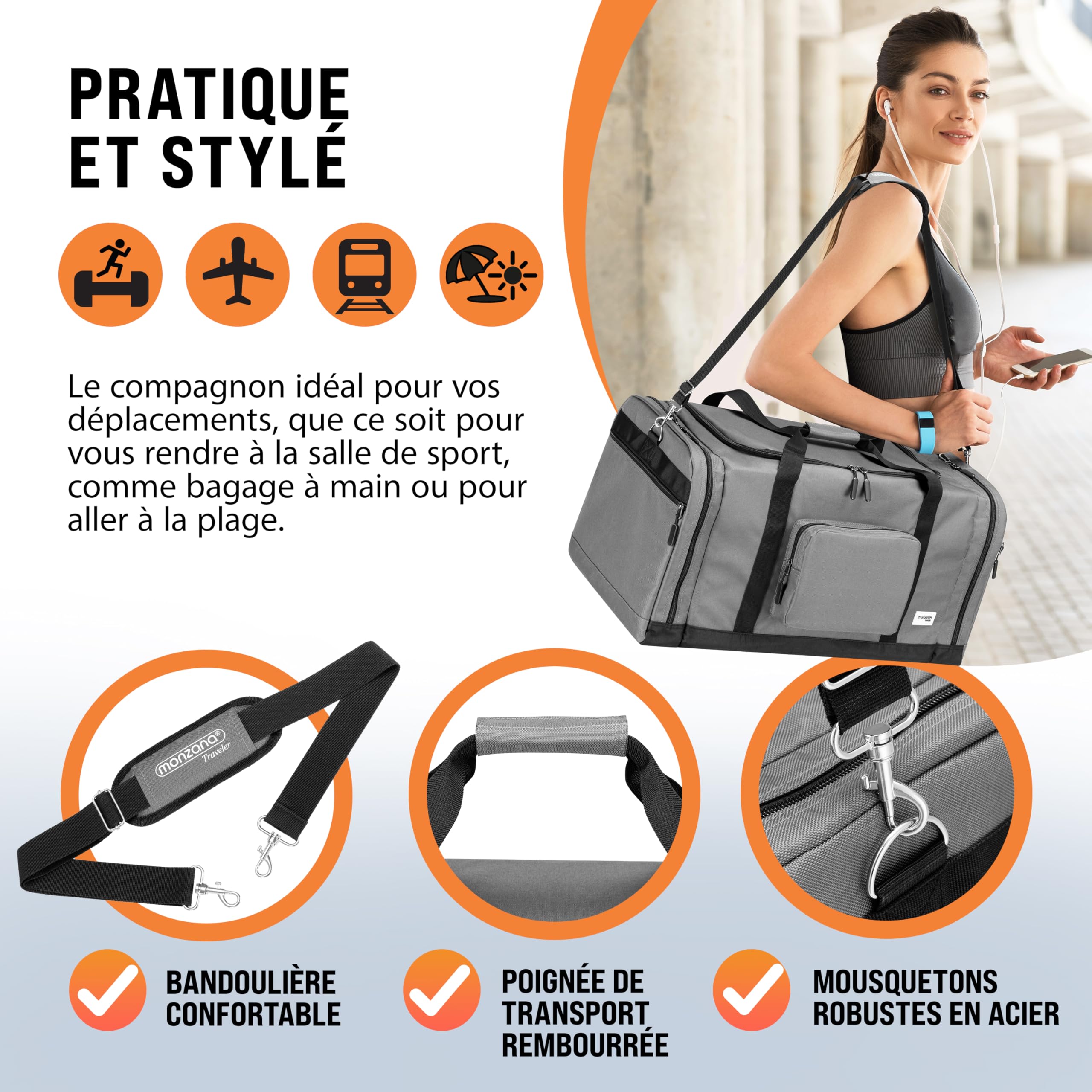 MONZANA® Sac de Voyage Sac de Sport 90L Fitness Football Transport Bandoulière Pad Amovible Réglable Weekender Duffelbag