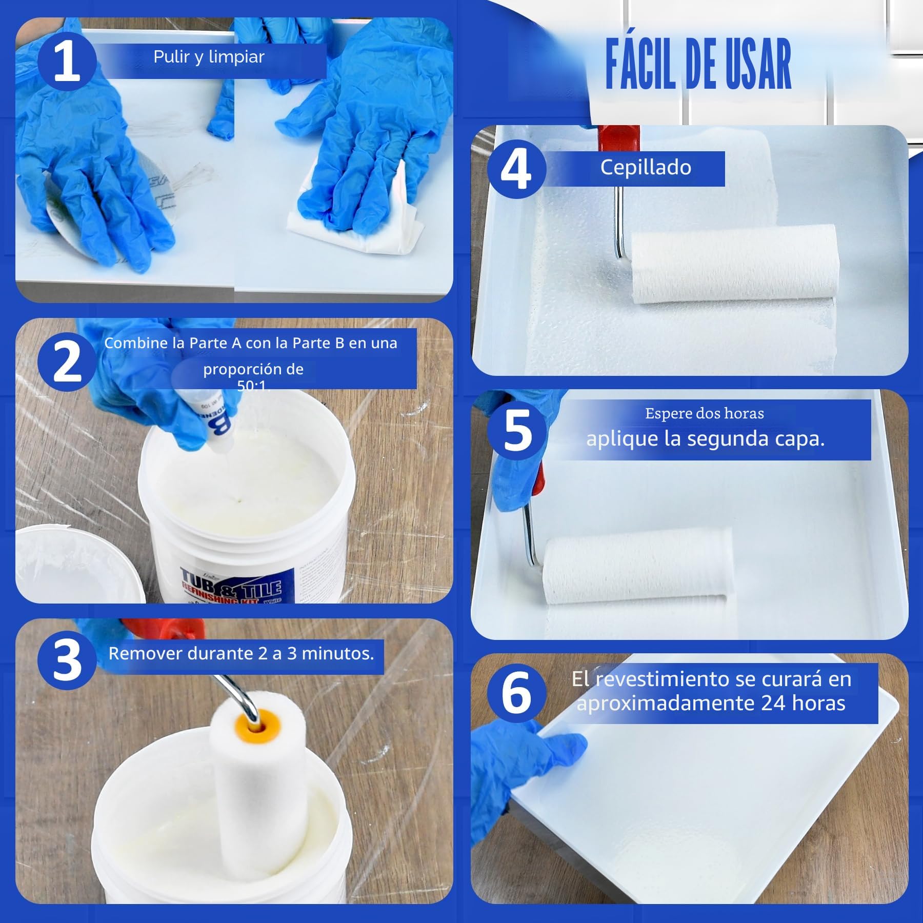 Kit de Restauración de Bañera y Azulejos - Pintura para Azulejos Blanca Semi-Brillante con Herramientas para Bañera, Lavabo, Encimera para Baño y Cocina, Cerámica, Porcelana, Fibra de Vidrio (1000g)