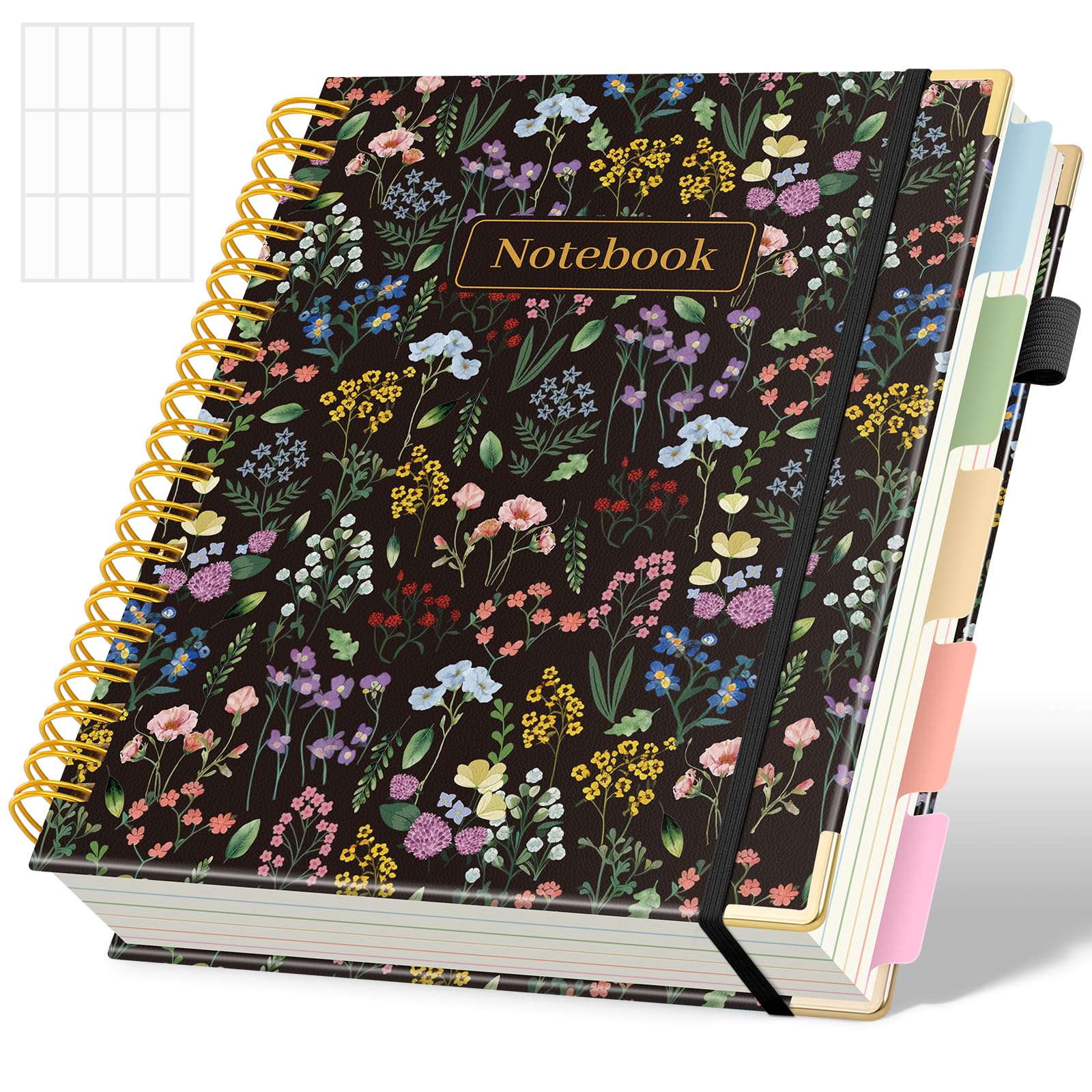SKYDUE Hardcover Spiral Notebook, 300 Pages 8" x 10" College Ruled Notebook for Work with Dividers & Pockets, 5 Subject Notebook Journals for Women, Double Wire Bound, Tab Stickers Included