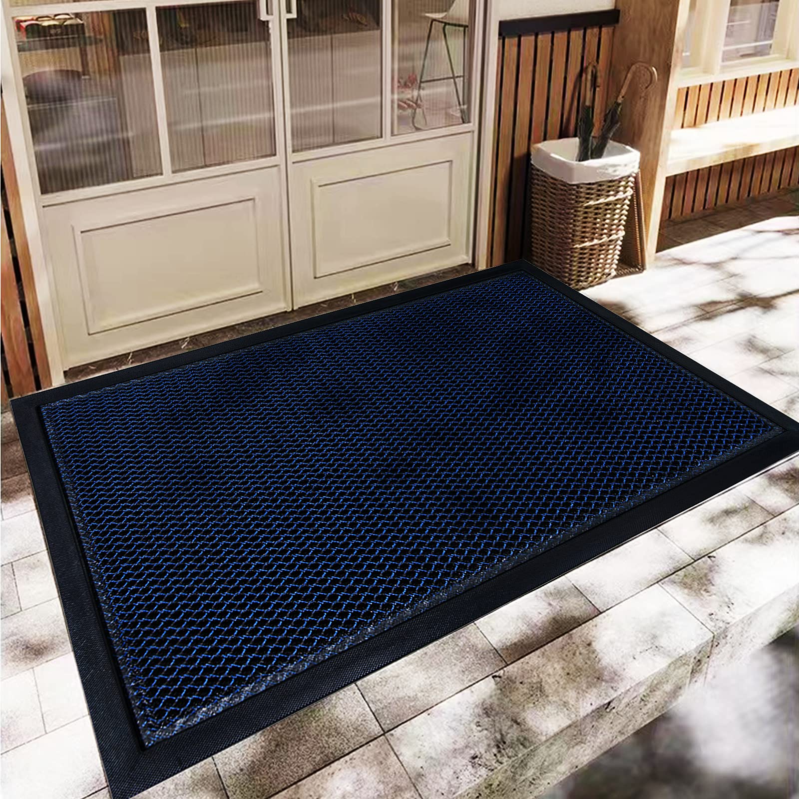 Felpudo de bienvenida mate para puerta delantera, entrada interior y exterior, alfombra azul para exteriores, alfombra antideslizante duradera, alfombra de entrada para interiores y