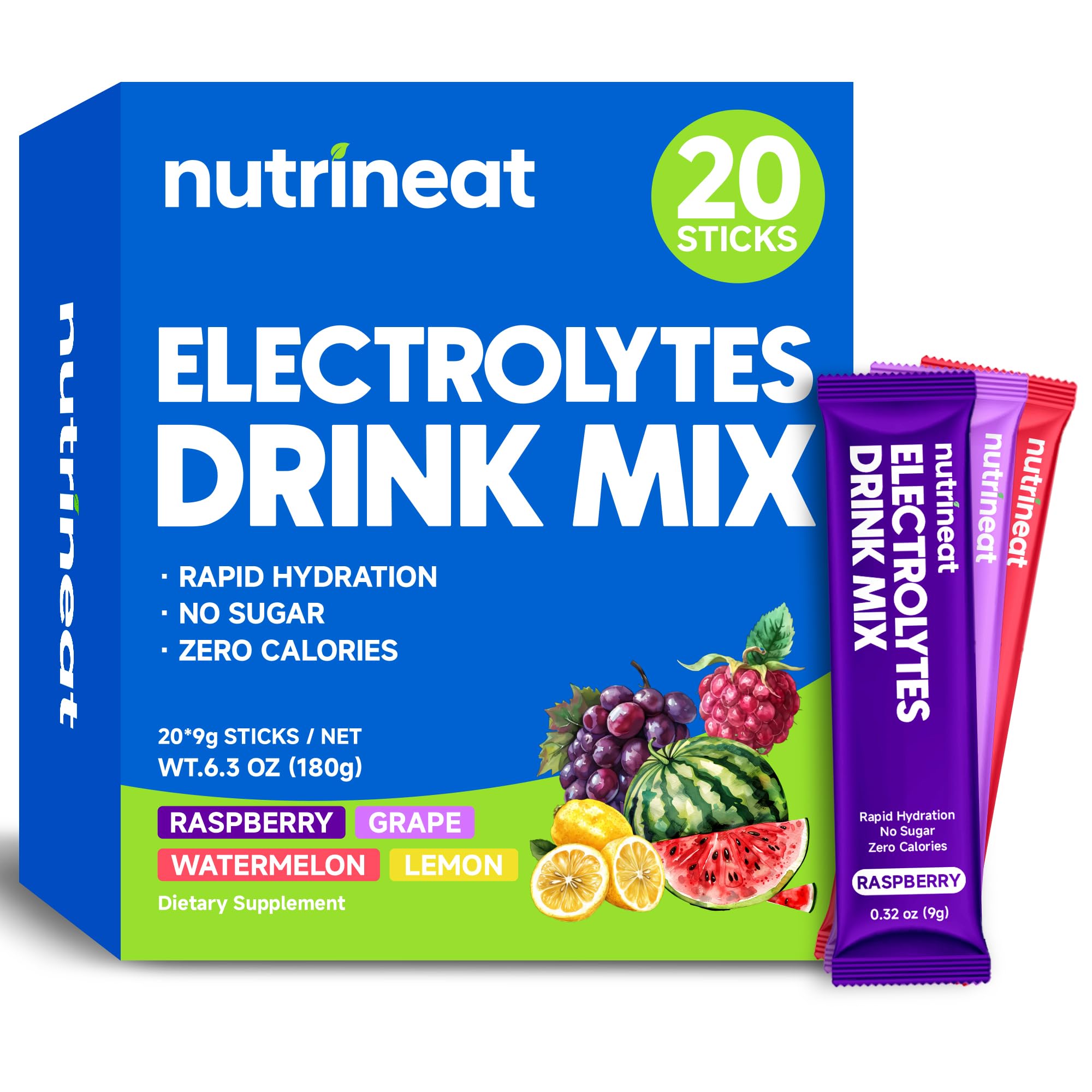 Sobres de electrolitos en polvo NutriNeat (20 unidades), sin azúcar, con sabor a fruta, ideales para la dieta cetogénica, el entrenamiento y la recuperación (frambuesa, uva, sandía, limón)