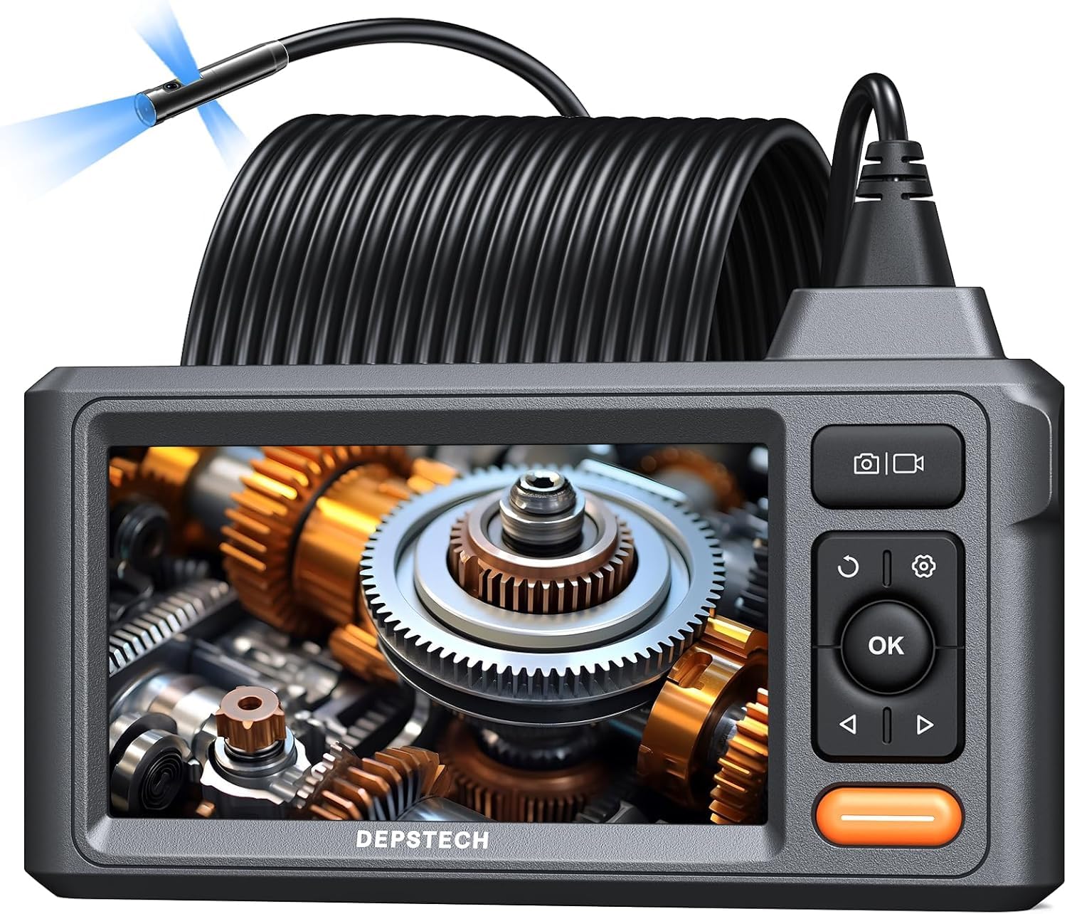 15m Endoskopkamera mit Licht, DEPSTECH Triple Lens Endoskop mit 5" IPS Bildschirm, 8mm Inspektionskamera 1080P, IP67 Wasserdicht Rohrkamera Kanalkamera, 8 Einstellbaren LEDs, 32-GB-Karte, Tragetasche