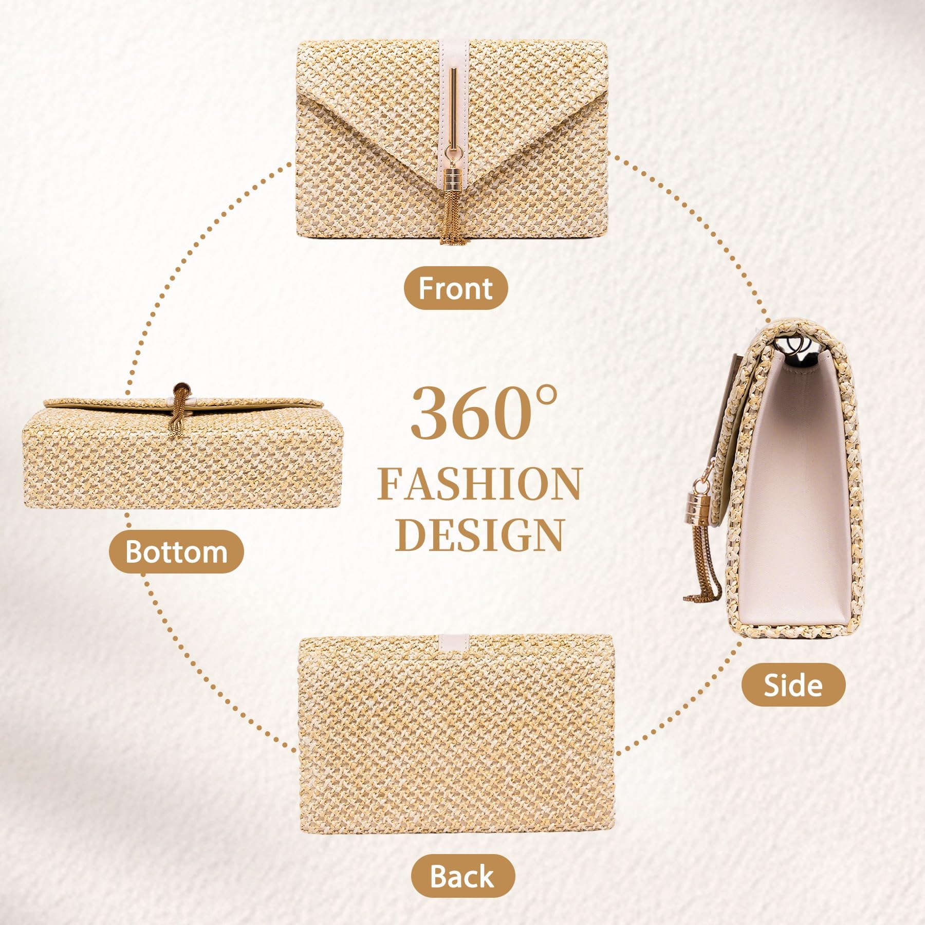 Larcenciel Bolso Mujer Paja, Bolsos Mujer Borlas Verano Playa con Cadena Desmontable, Elegante Boho Sobre Rafia Clutch Fiesta, Casuale Bandolera Cartera de Mano para Bodas Vacaciones, 21.7x5.5x13.5CM