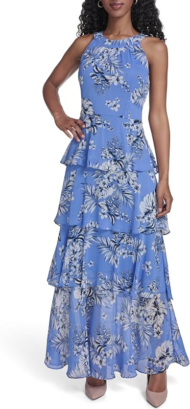 Tommy Hilfiger Women's Sleeveless Halter Neck Tiered Skirt Maxi Dress