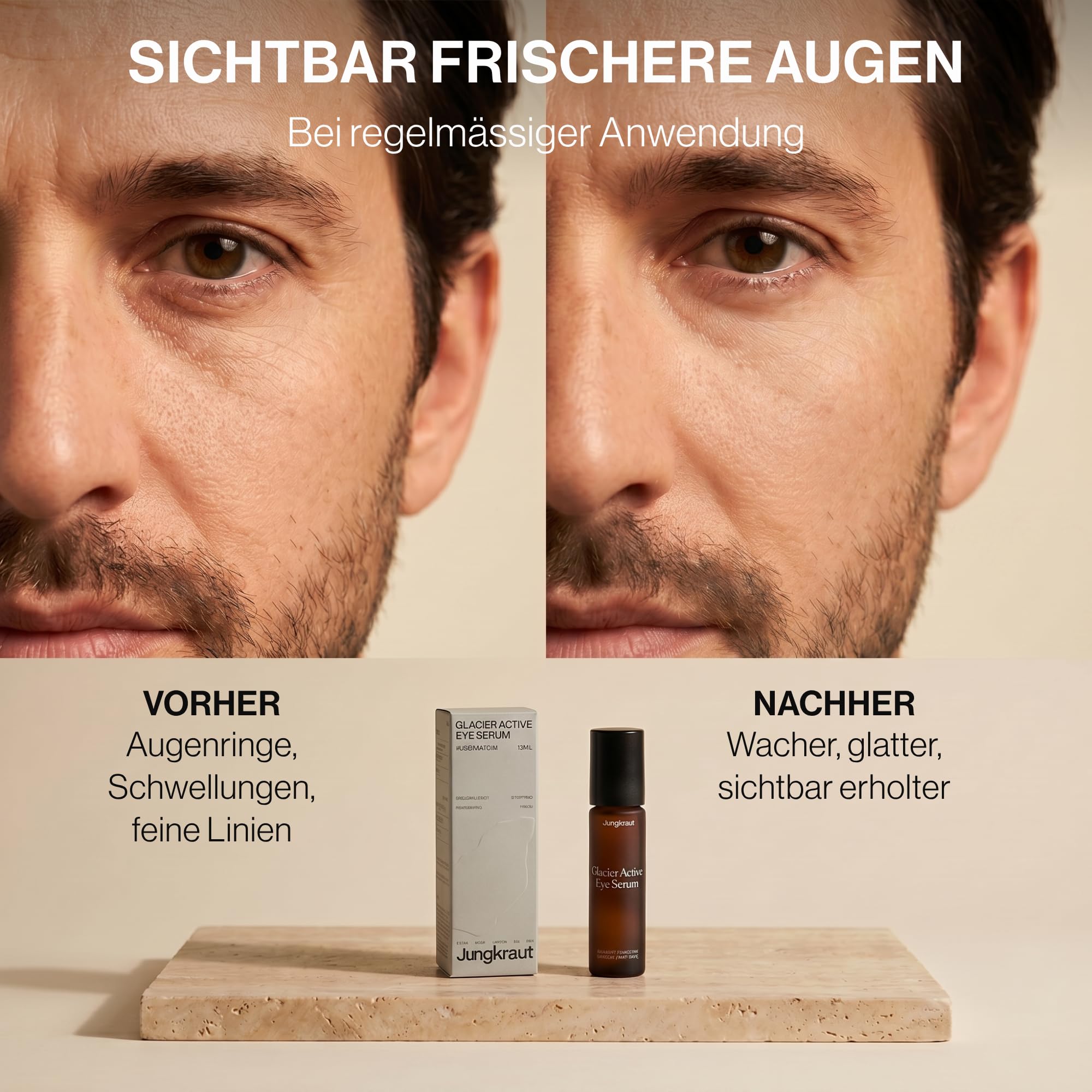 Glacier Active Eye Serum für Männer 10ml, Natürliches, hochkonzentriertes Serum gegen Augenringe, Schwellungen, erste Falten, Mit Hyaluronsäure und Koffein, kühlender Roll-on (vegan)